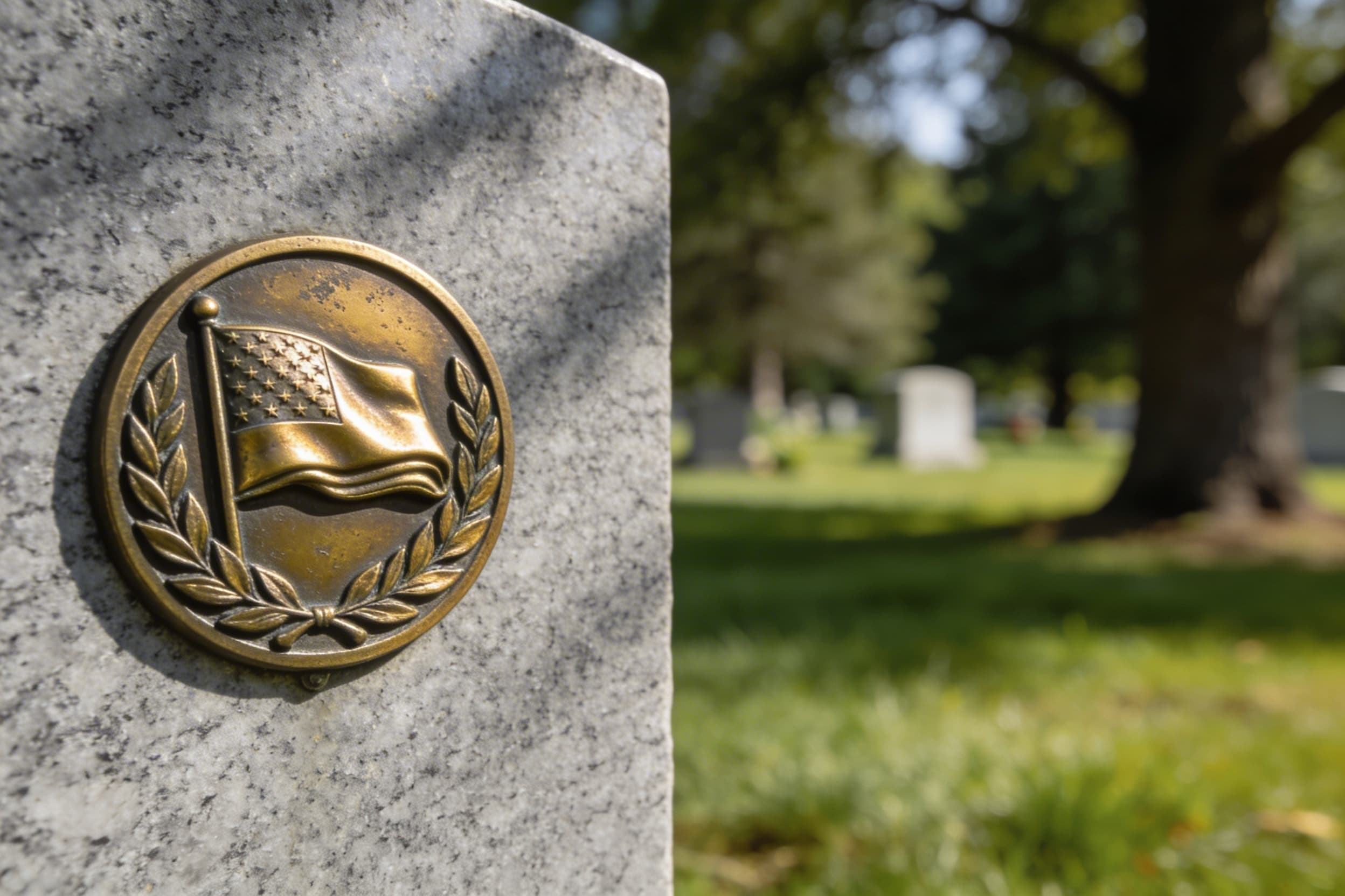 A bronze VA medallion affixed to a privately purchased granite headstone in a private cemetery
