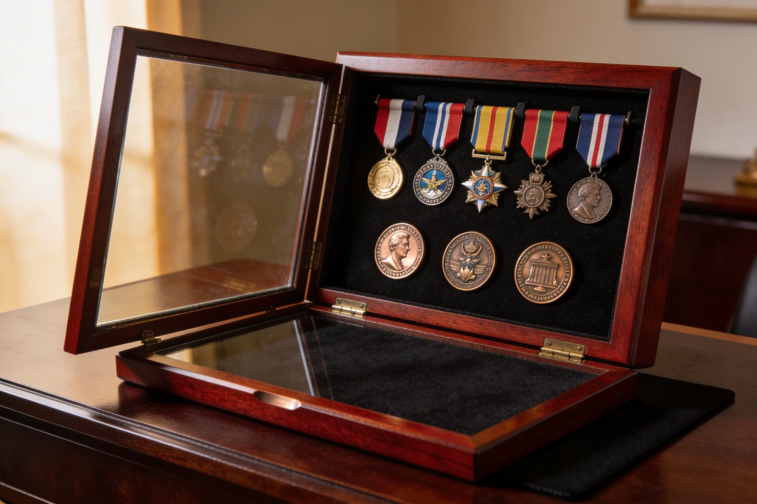 A cherry wood medallion case with glass front displaying military medals, challenge coins, and rank insignia arranged on black felt
