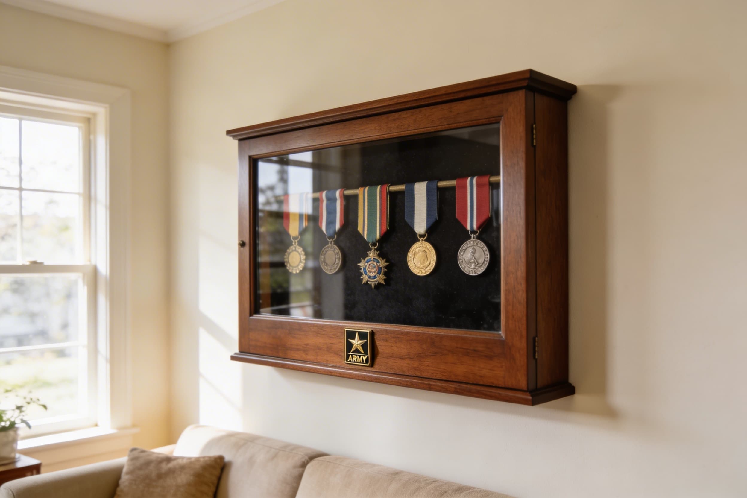 A walnut military medallion case mounted on a living room wall displaying medals and a brass Army emblem on the front