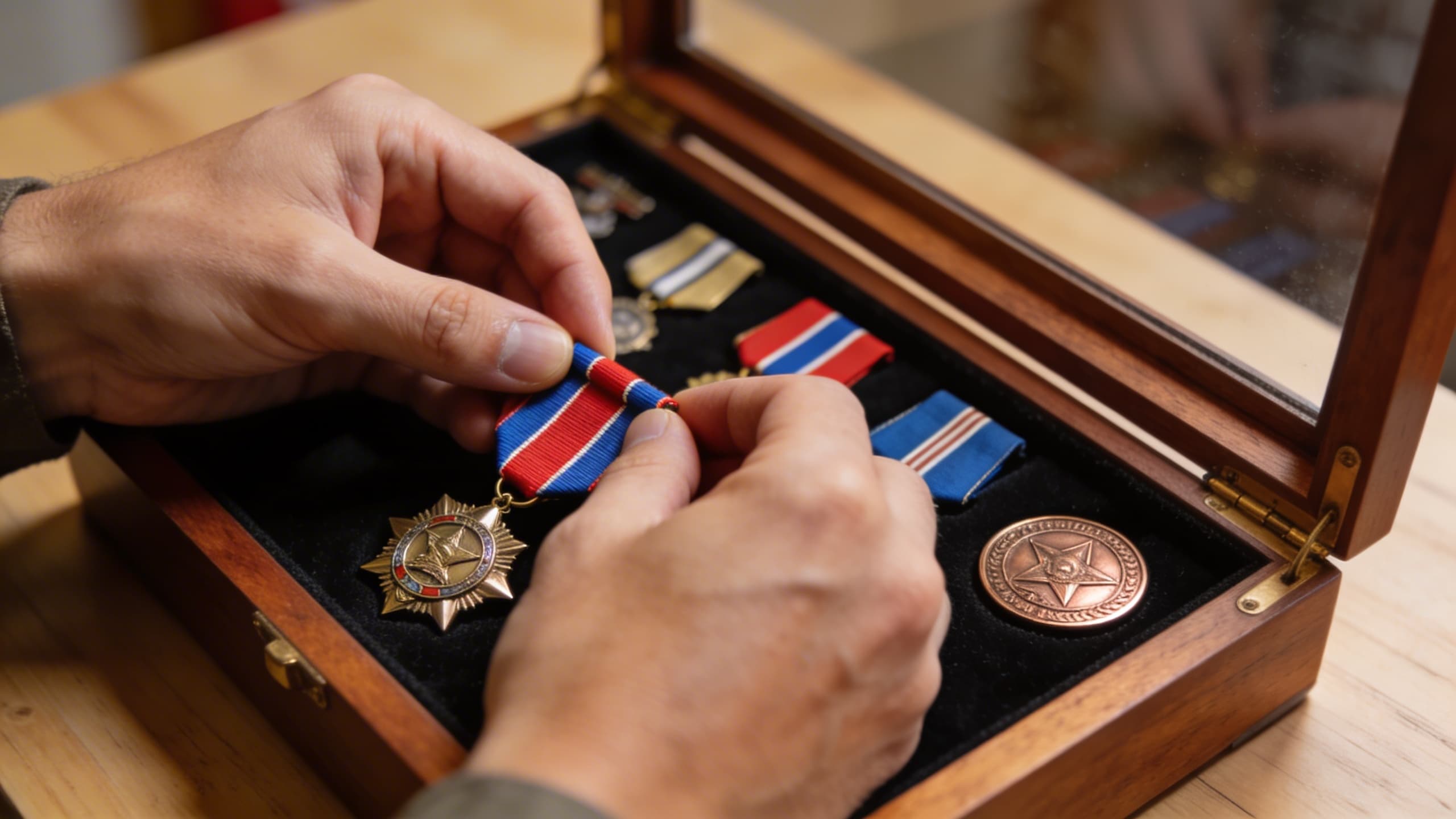 A person carefully arranging military medals and ribbons inside an open medallion case lined with black felt