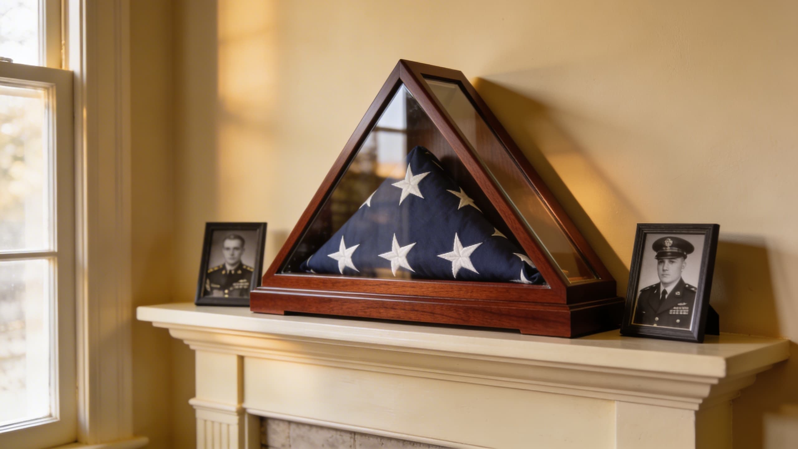 A folded American burial flag displayed in a cherry wood flag case with glass front on a mantel beside framed military photos