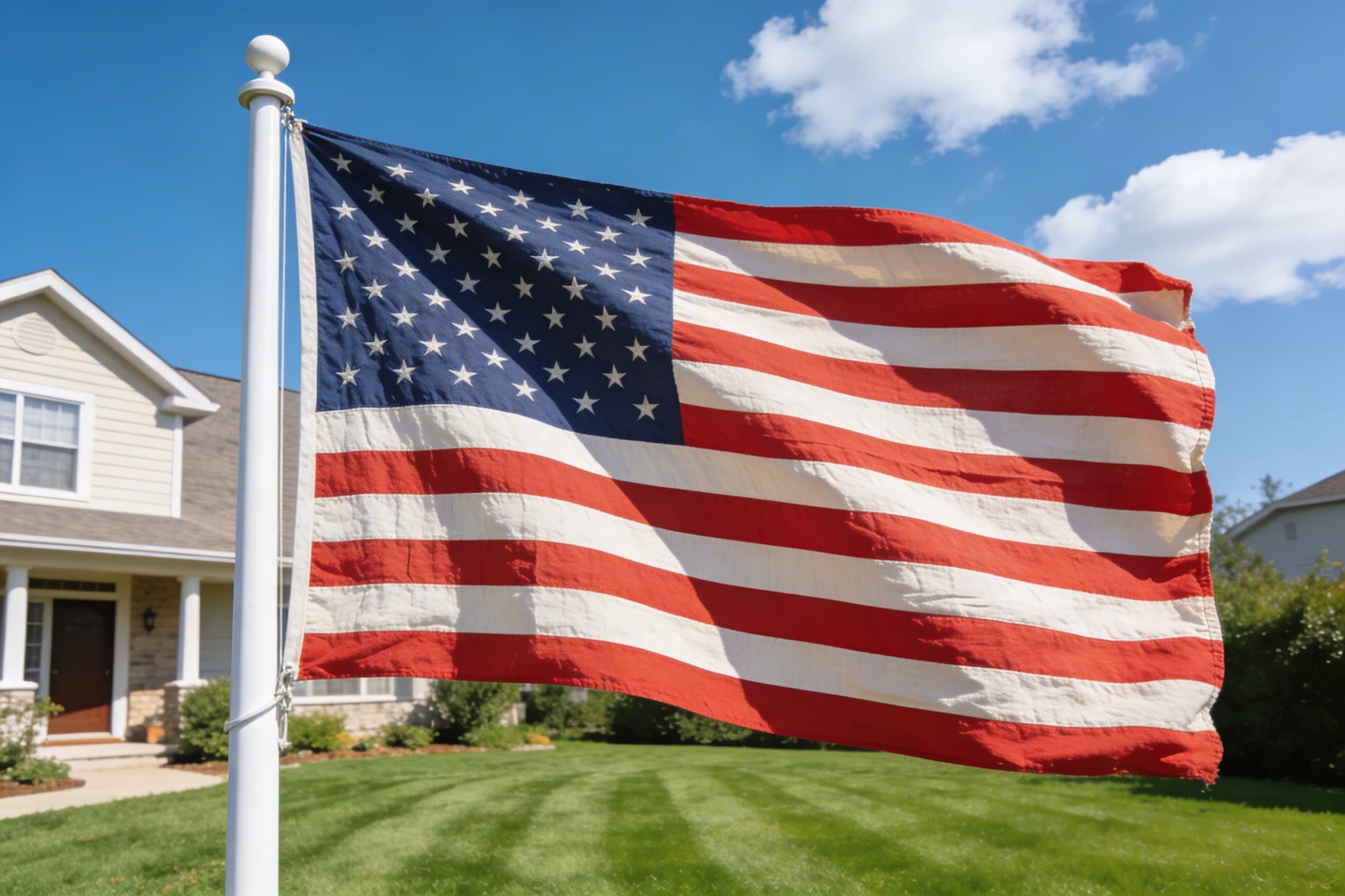 An American burial flag flying on a tall residential flagpole on Memorial Day with a blue sky and green lawn