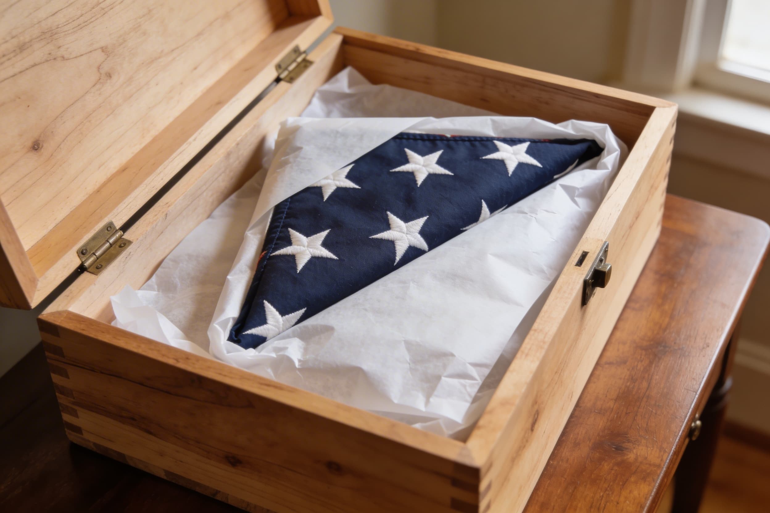 A folded burial flag carefully wrapped in acid-free tissue paper inside a cedar storage chest