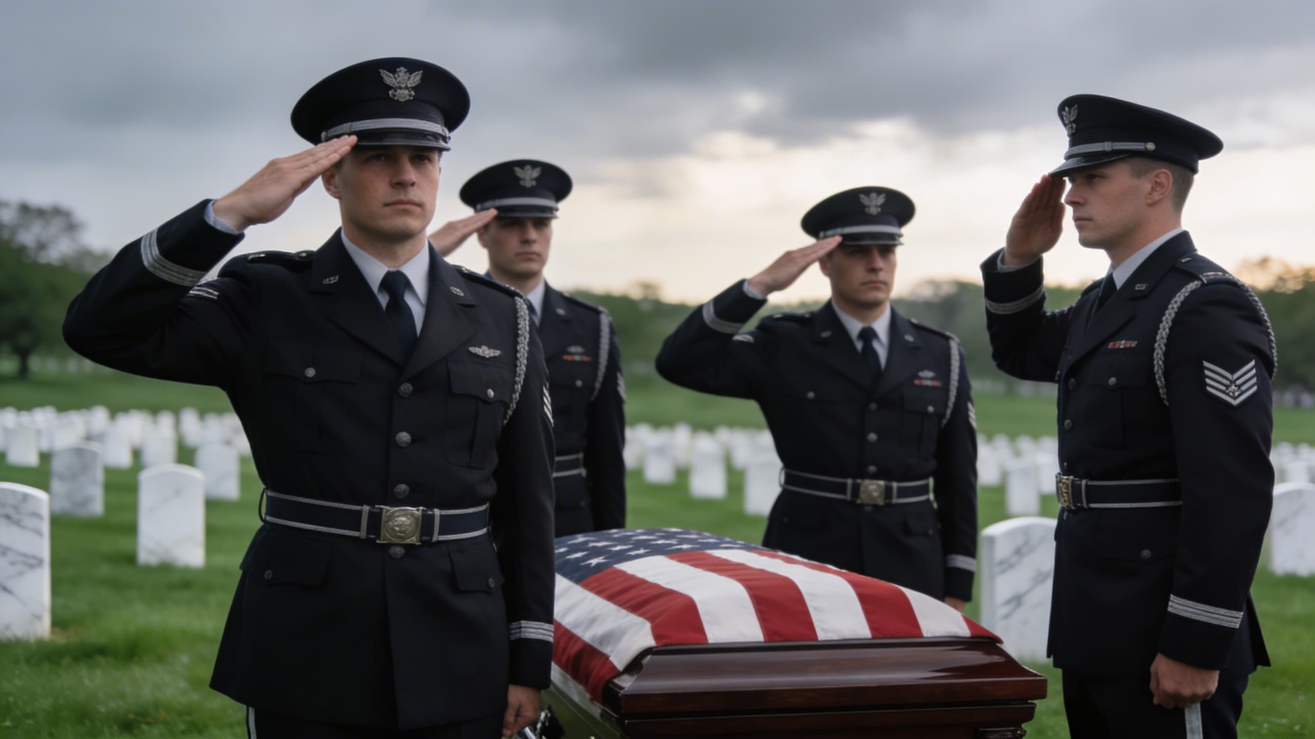 An honor guard in dress uniforms rendering a salute beside a flag-draped casket at a green cemetery with white headstones in the background