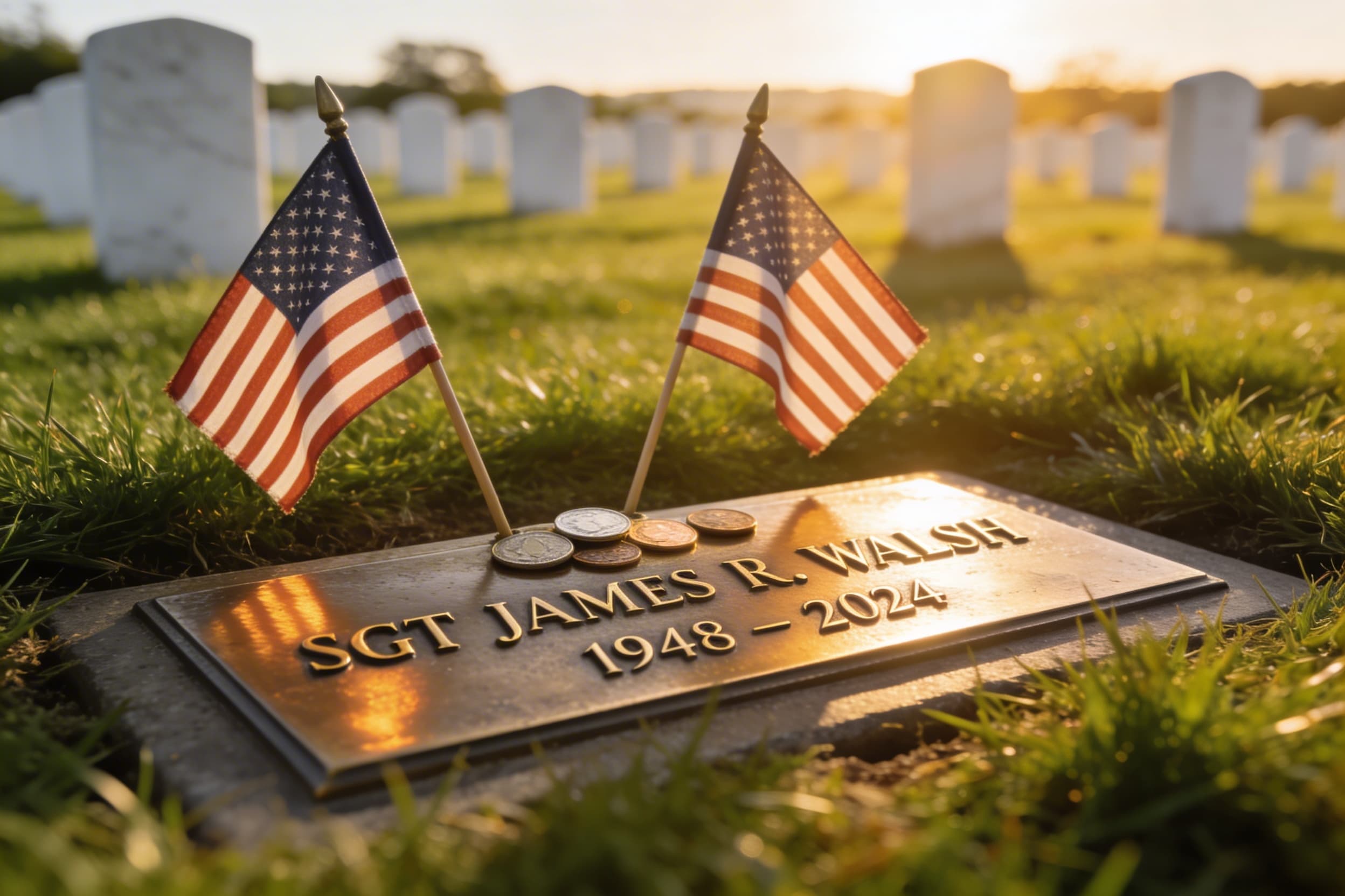 Small American flags and coins placed on a bronze veteran grave marker at a national cemetery with green grass and rows of white headstones