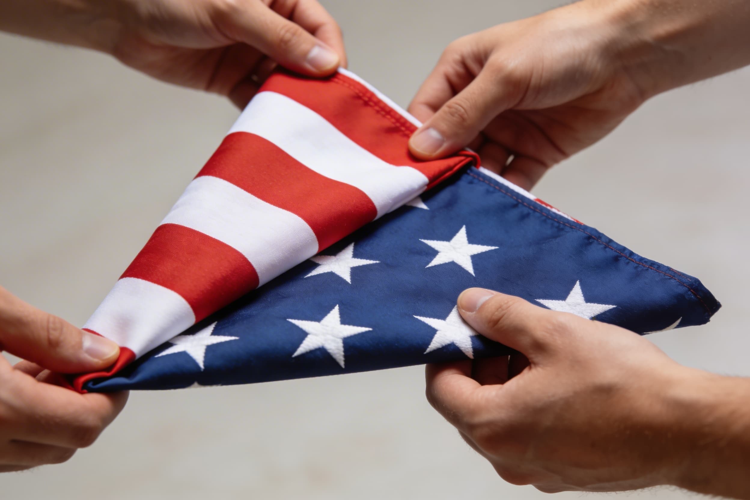 An American flag being folded in half lengthwise with the striped section folded over the blue field of stars