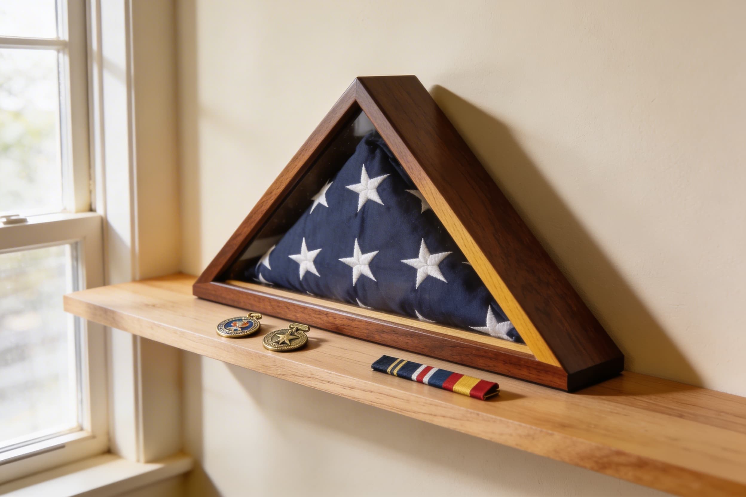A folded American flag in a triangular wooden display case with military medals and ribbons arranged beside it on a shelf