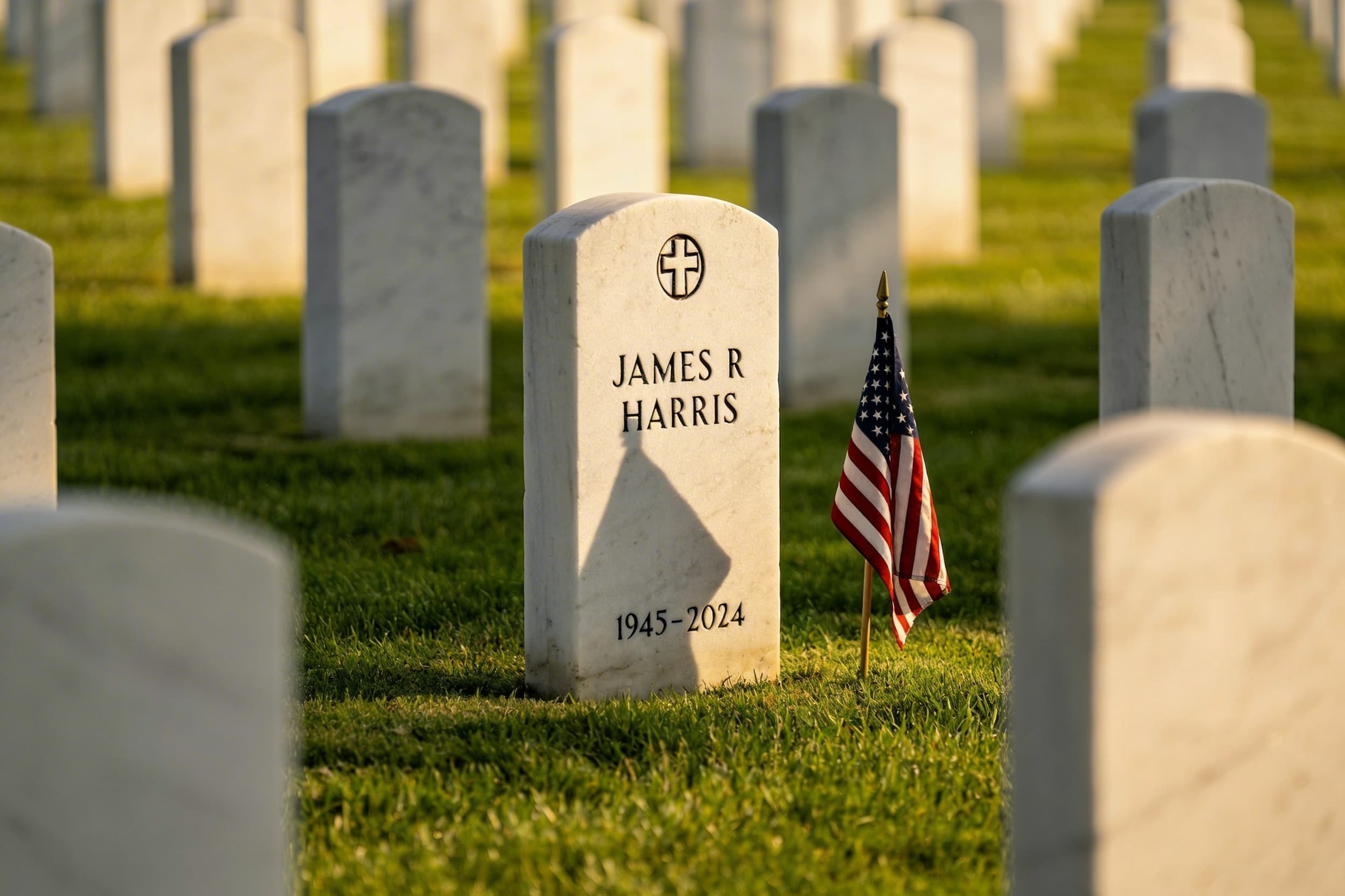 A white government-issued veteran headstone with an American flag planted beside it in a green national cemetery with rows of headstones in the background