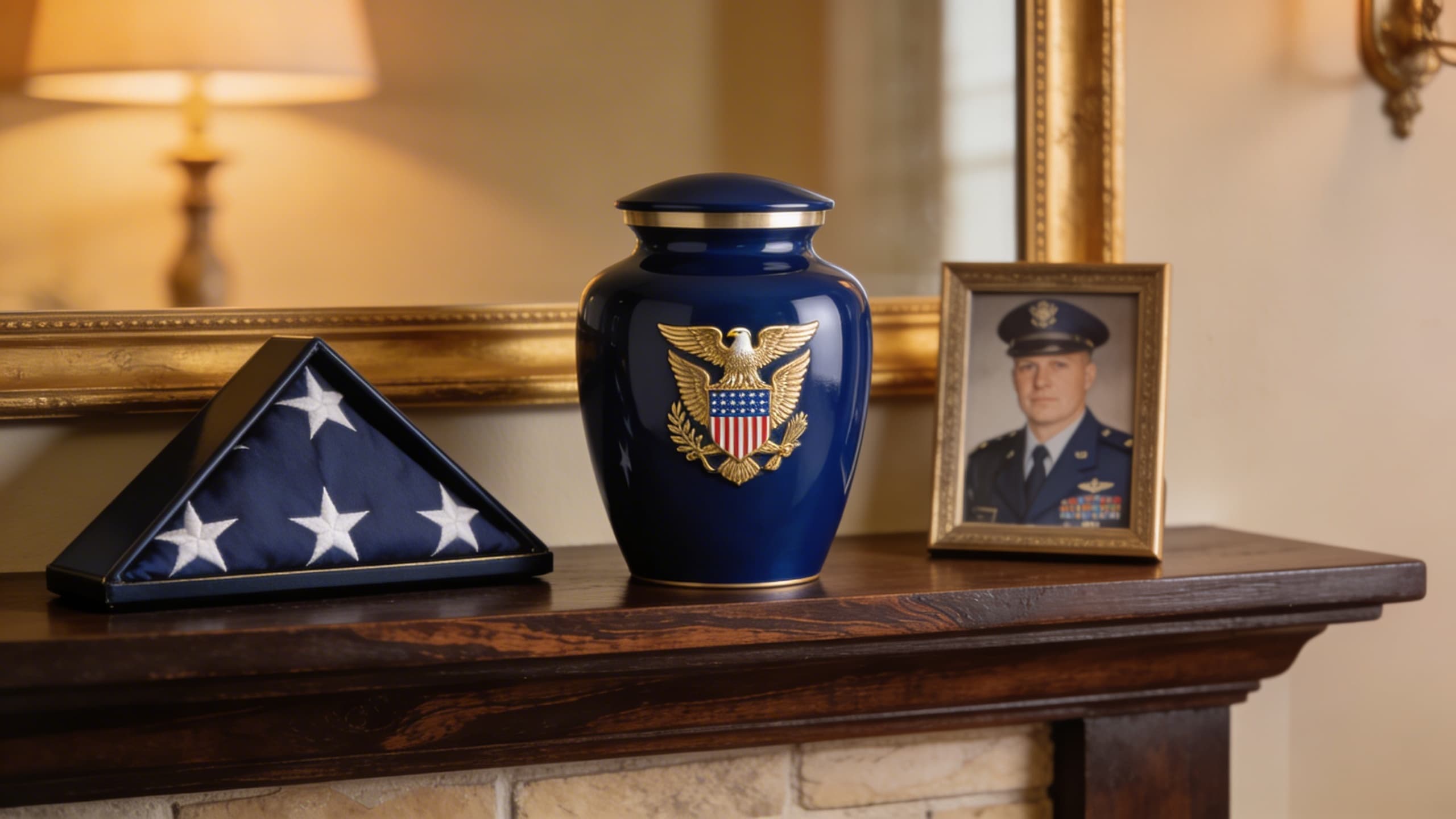 A military cremation urn with an engraved eagle and flag displayed on a mantel next to a folded flag case and framed service photo