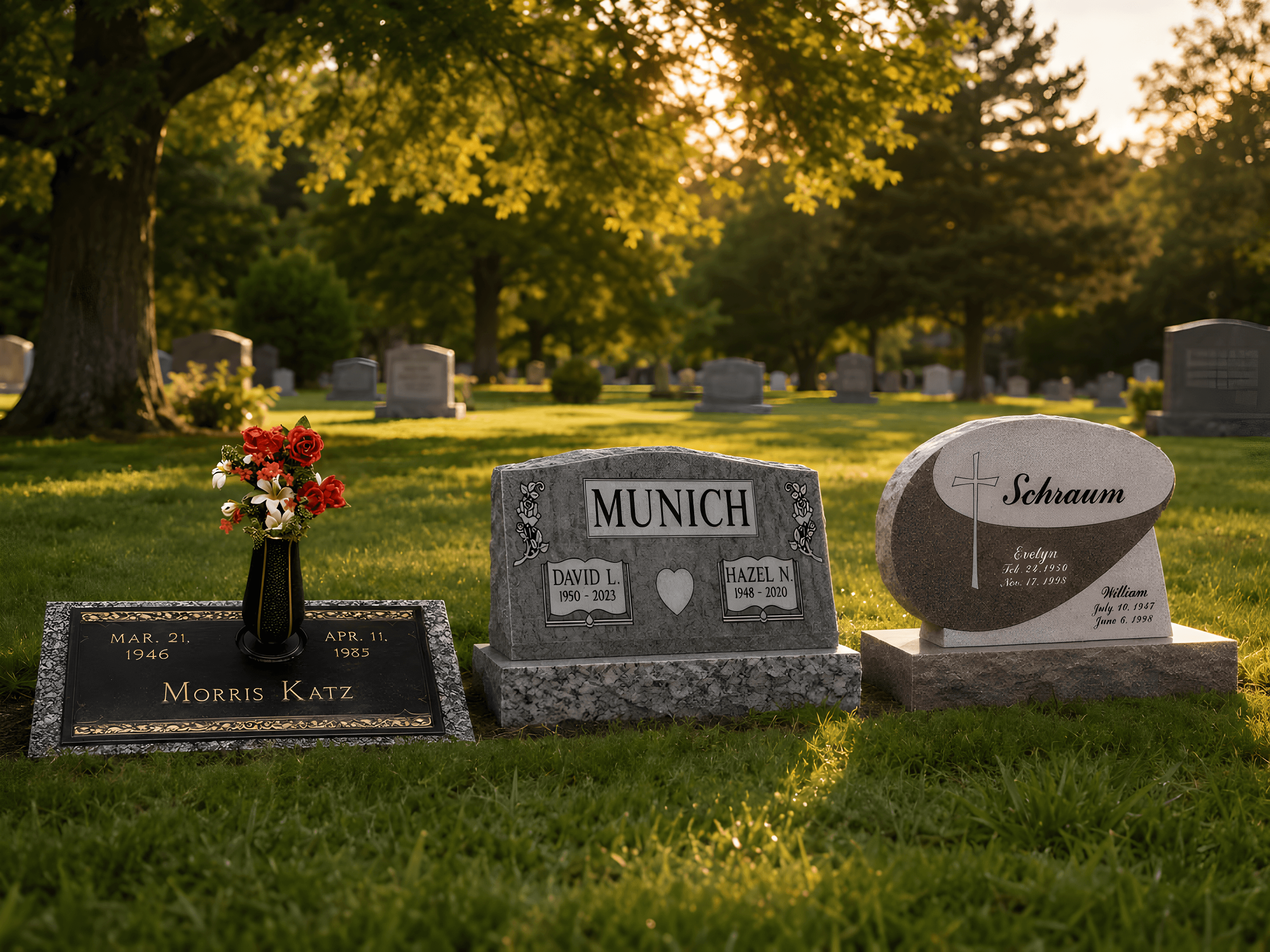 A row of diverse headstone styles including an upright granite monument a flat bronze marker and a slant headstone in a well-maintained cemetery with afternoon sunlight