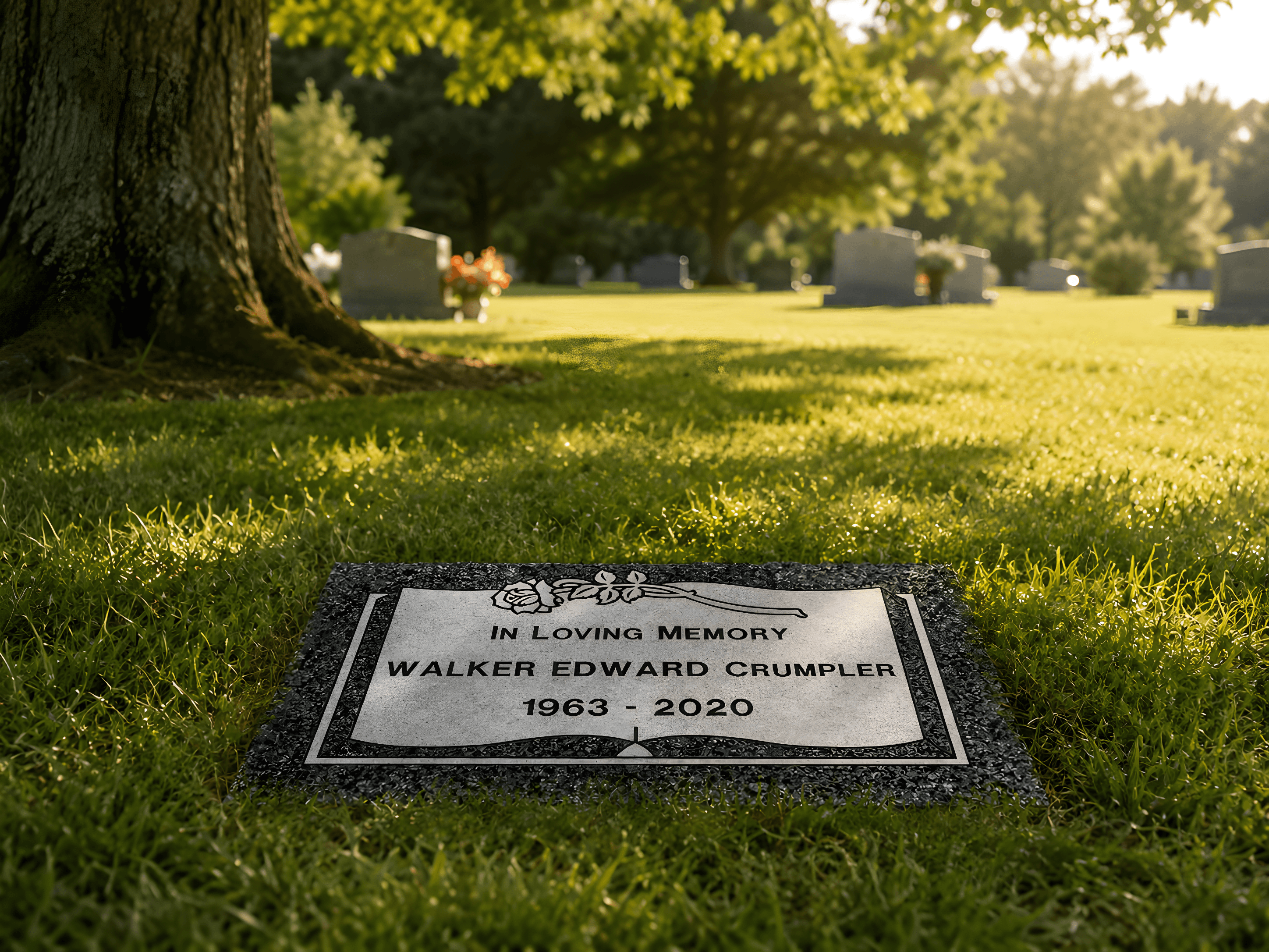 A flat granite grave marker in a cemetery.