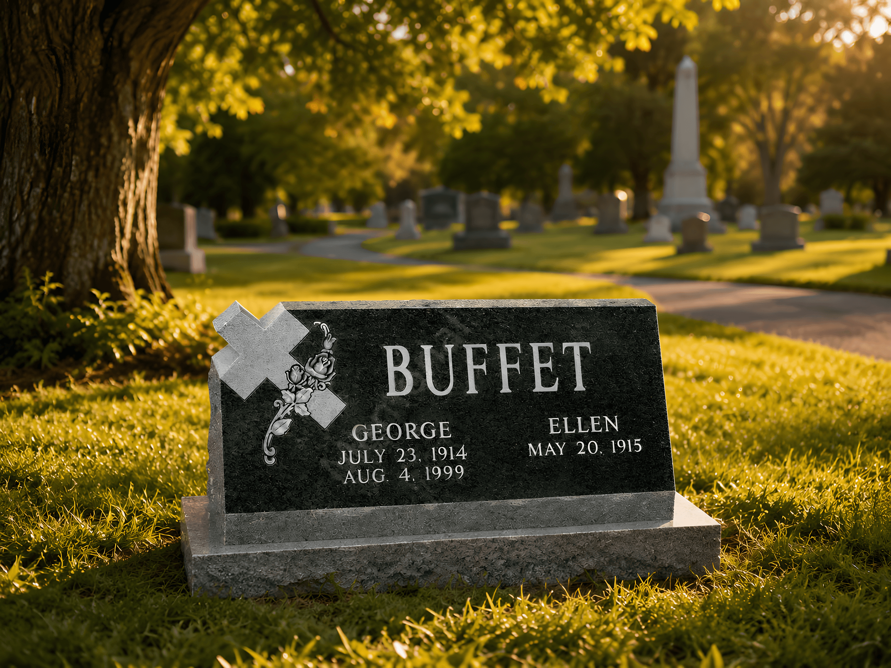 A slant headstone in a cemetery in the afternoon.
