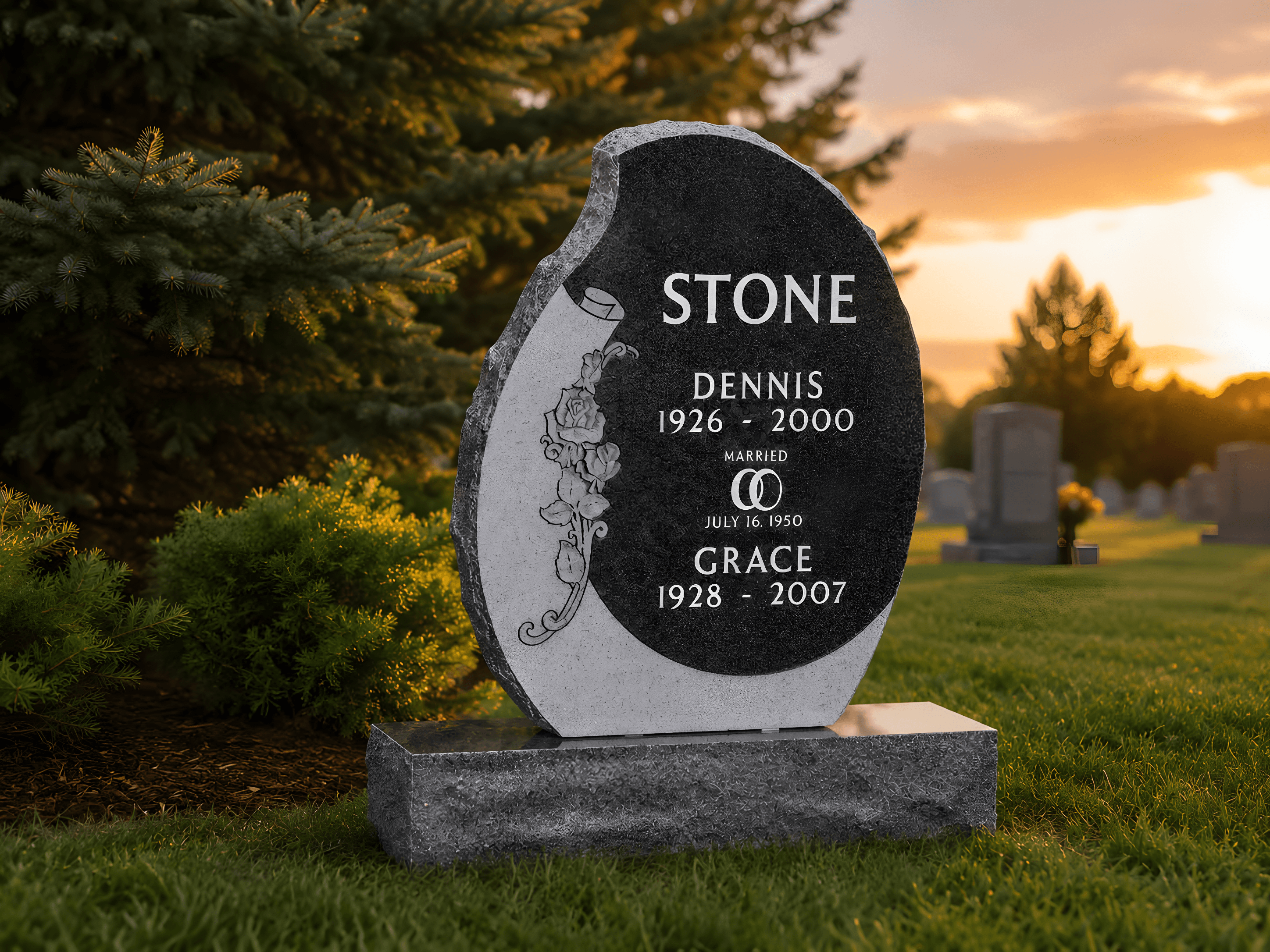 Upright headstone in a cemetery in the late afternoon.