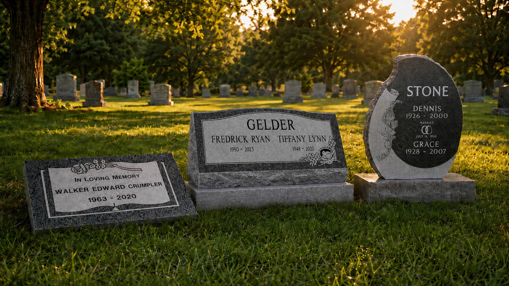 Several headstone styles including flat markers, slant markers, and upright monuments displayed in a peaceful green cemetery at golden hour