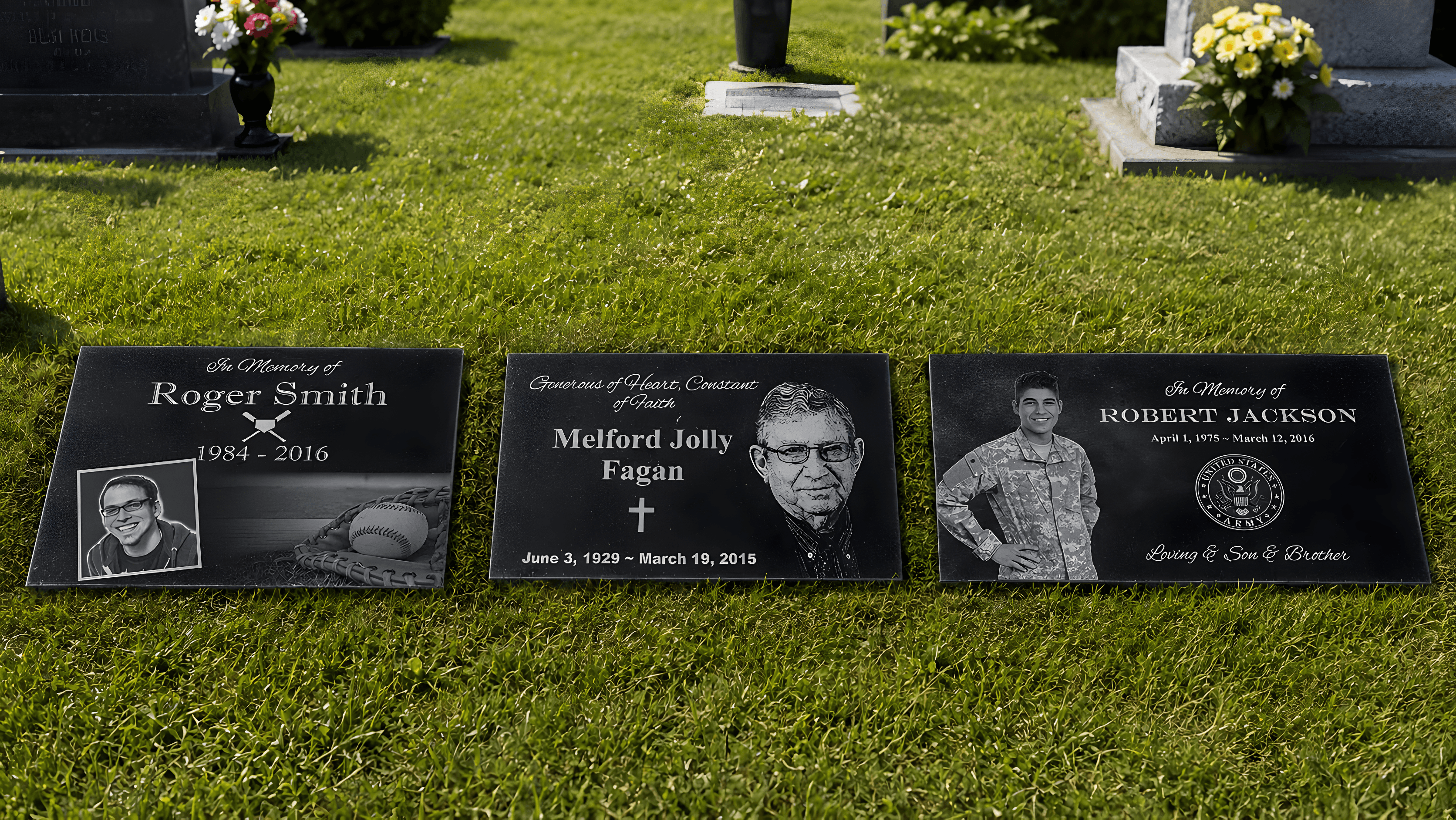 Laser etched black granite grave markers laying side-by-side in a cemetery