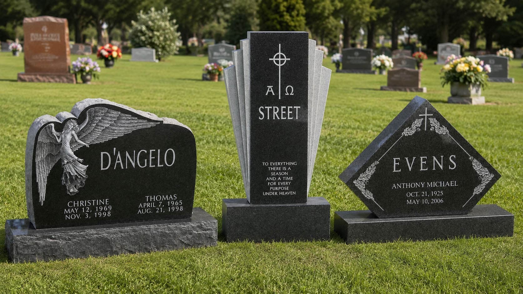 Three unique black granite upright headstones sitting side-by-side in a cemetery in the middle of the afternoon.
