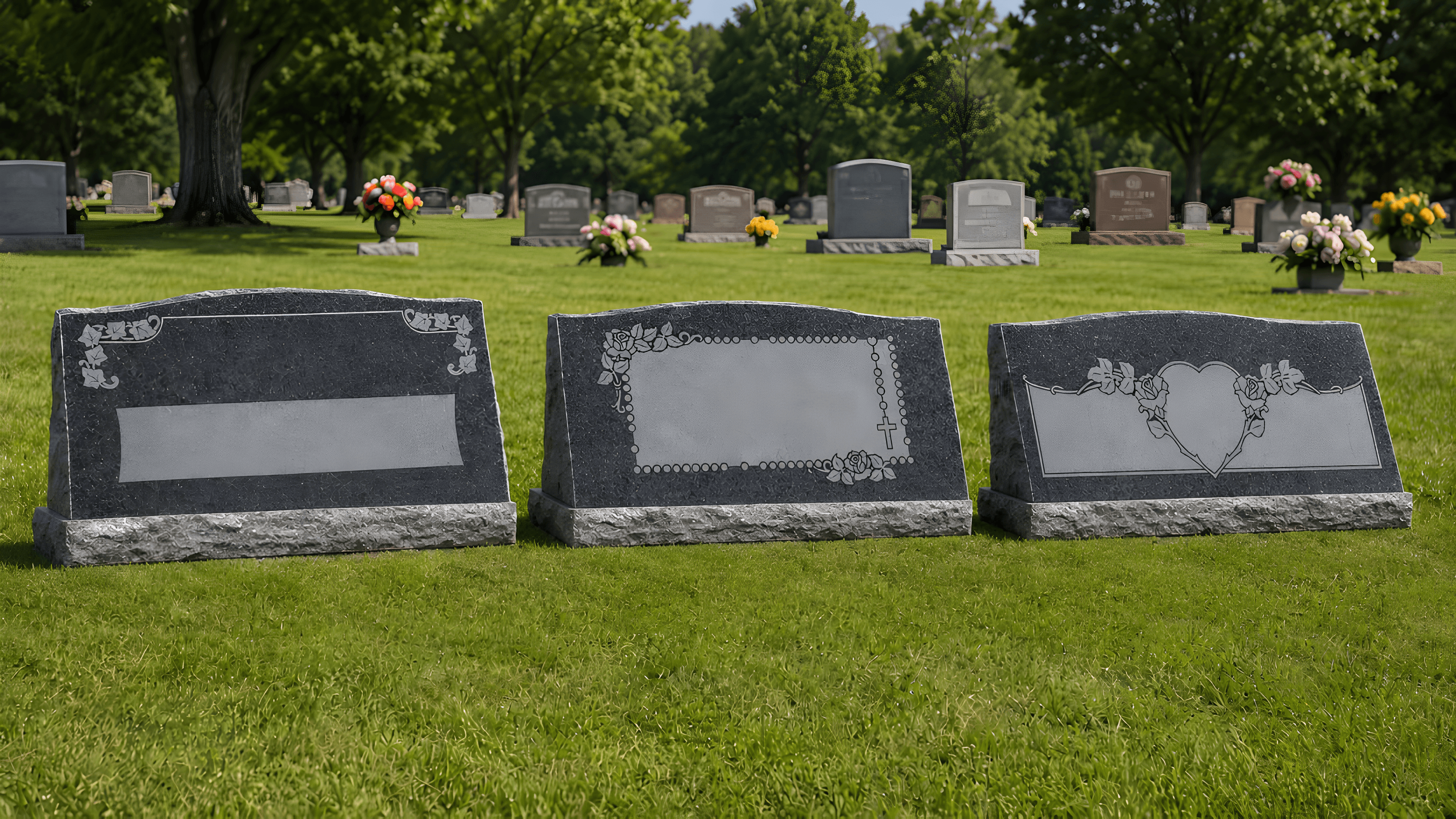 Three black granite slant headstones in a cemetery.