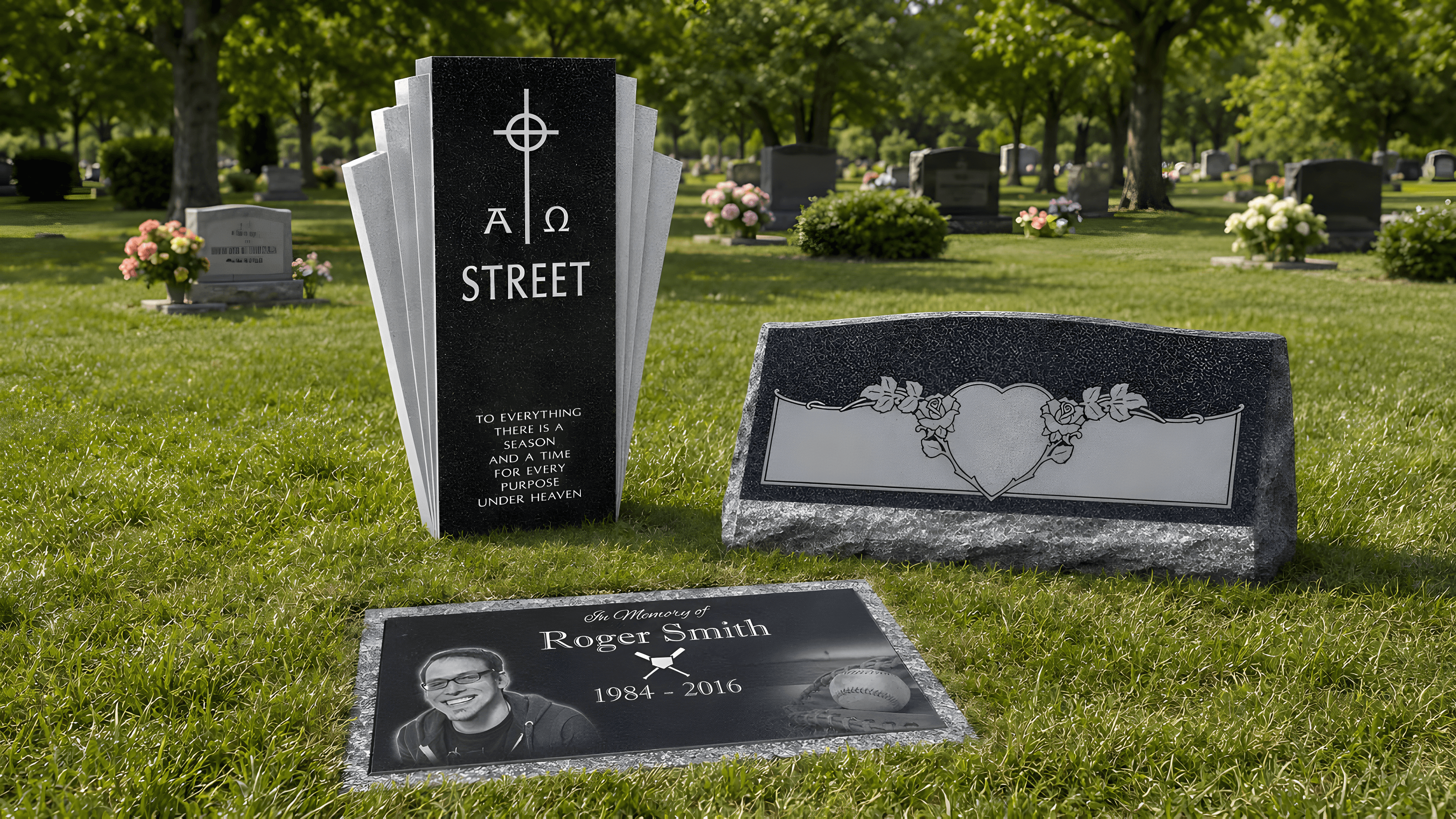 Black granite upright headstone, slant headstone and flat laser etched grave marker in a cemetery midafternoon.