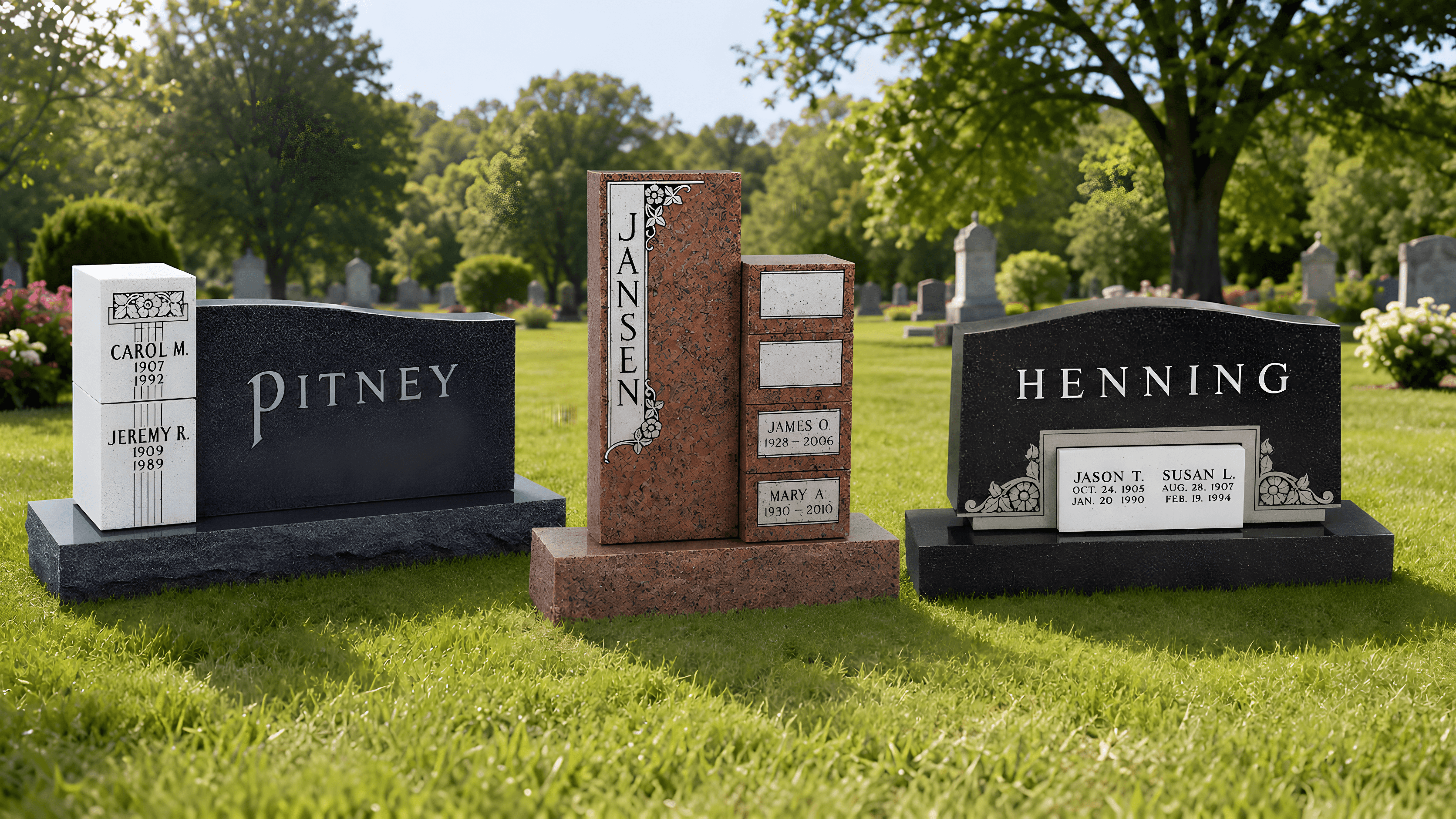 Three upright cremation headstones in a cemetery field in the middle of the afternoon on green grass.