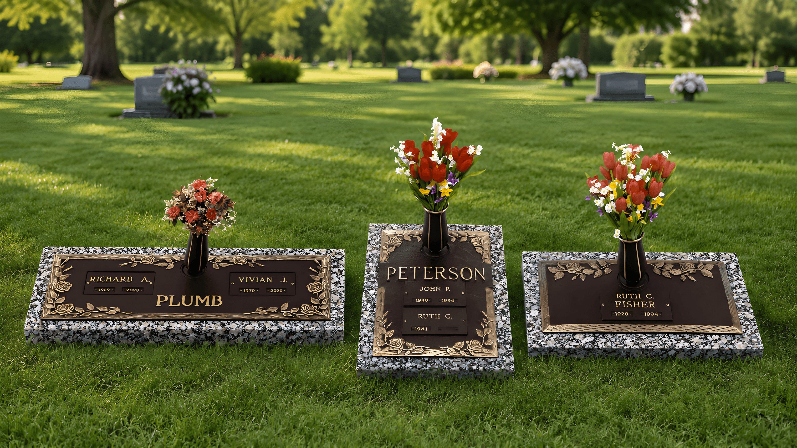 Flat cremation individual and companion grave markers in a cemetery area in the mid-afternoon grass.