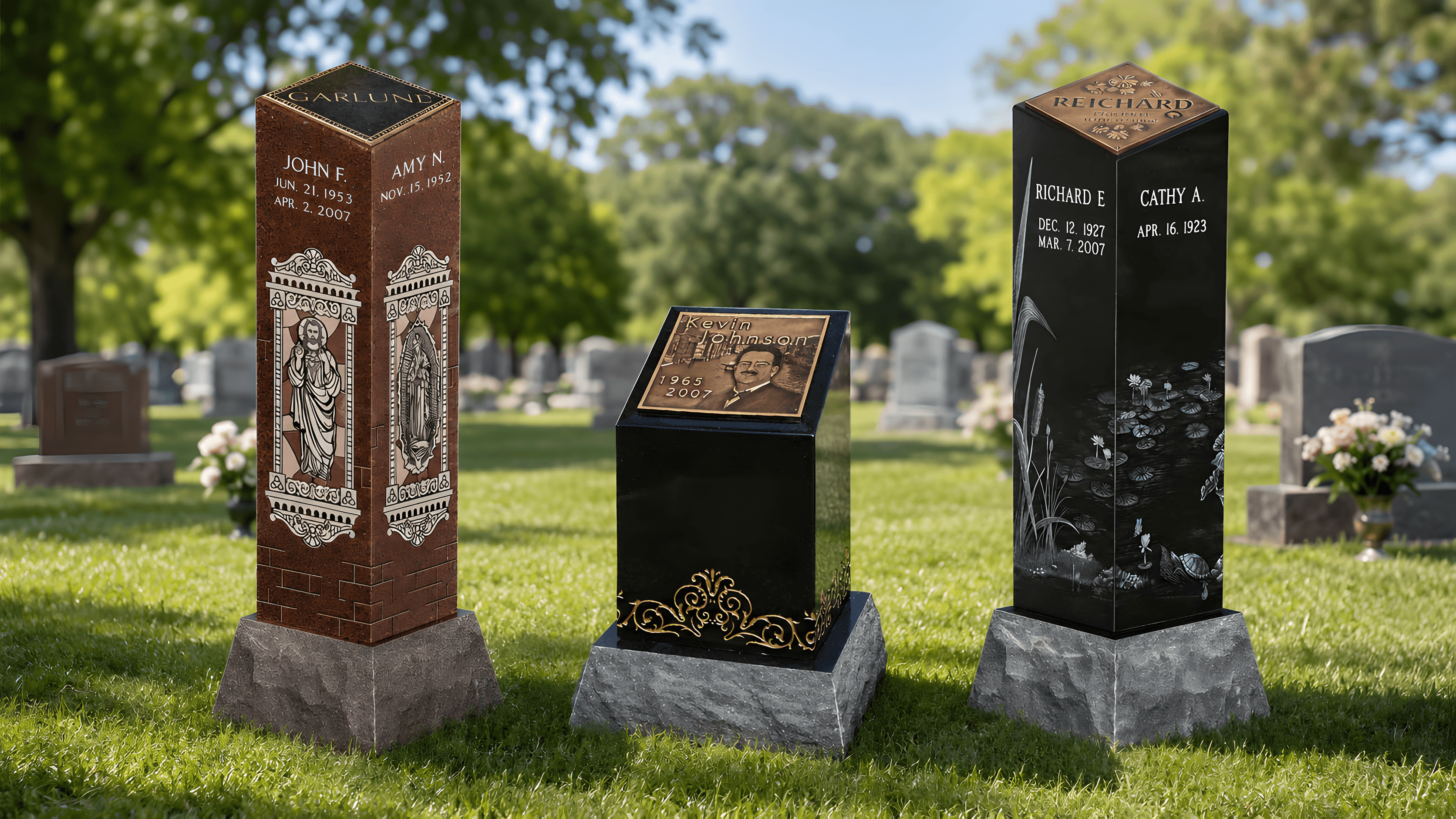 Three cremation pillars in a cemetery area in the mid-afternoon on a green field of grass