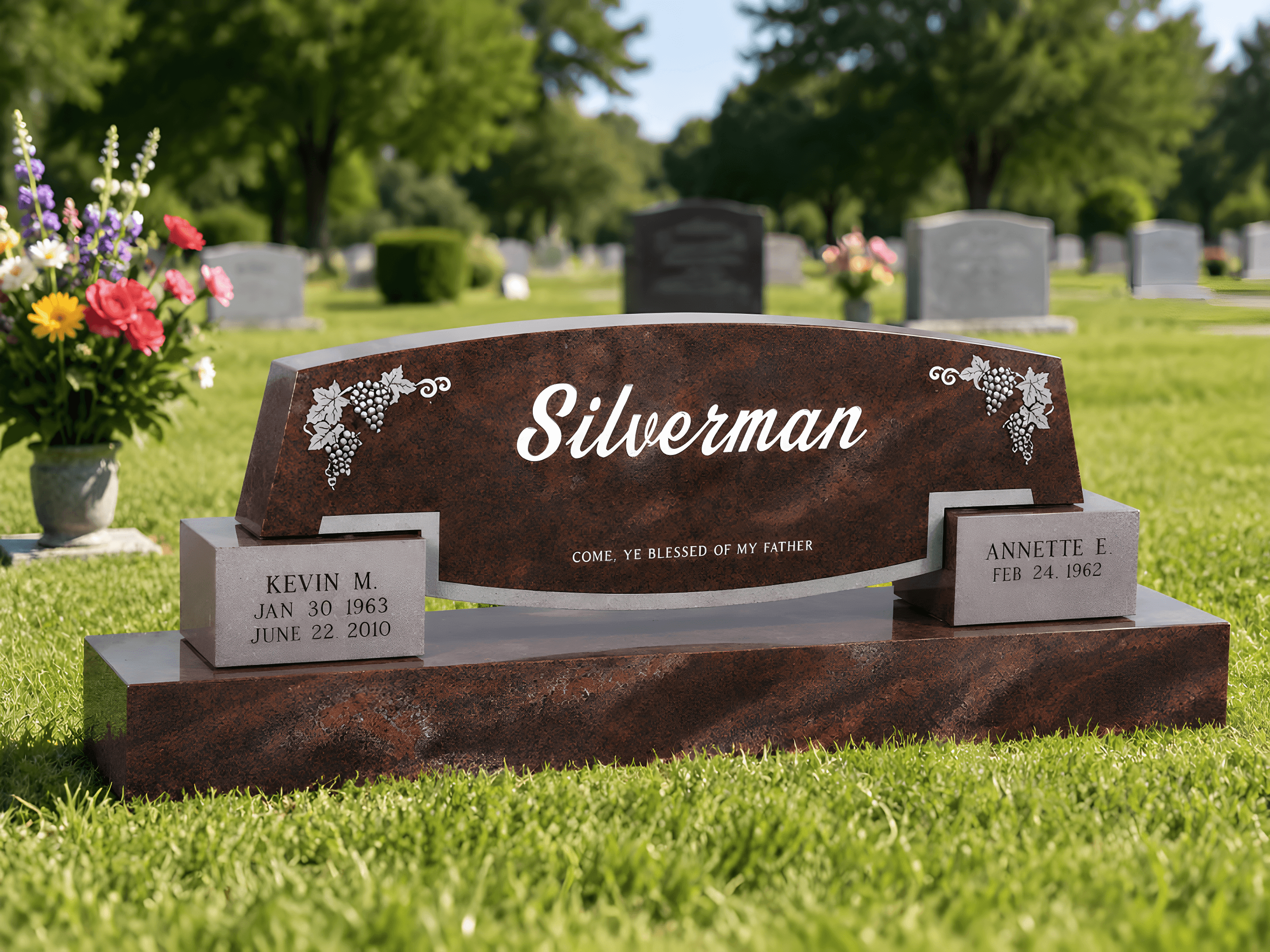 Upright cremation headstone in a cemetery field at mid-afternoon.