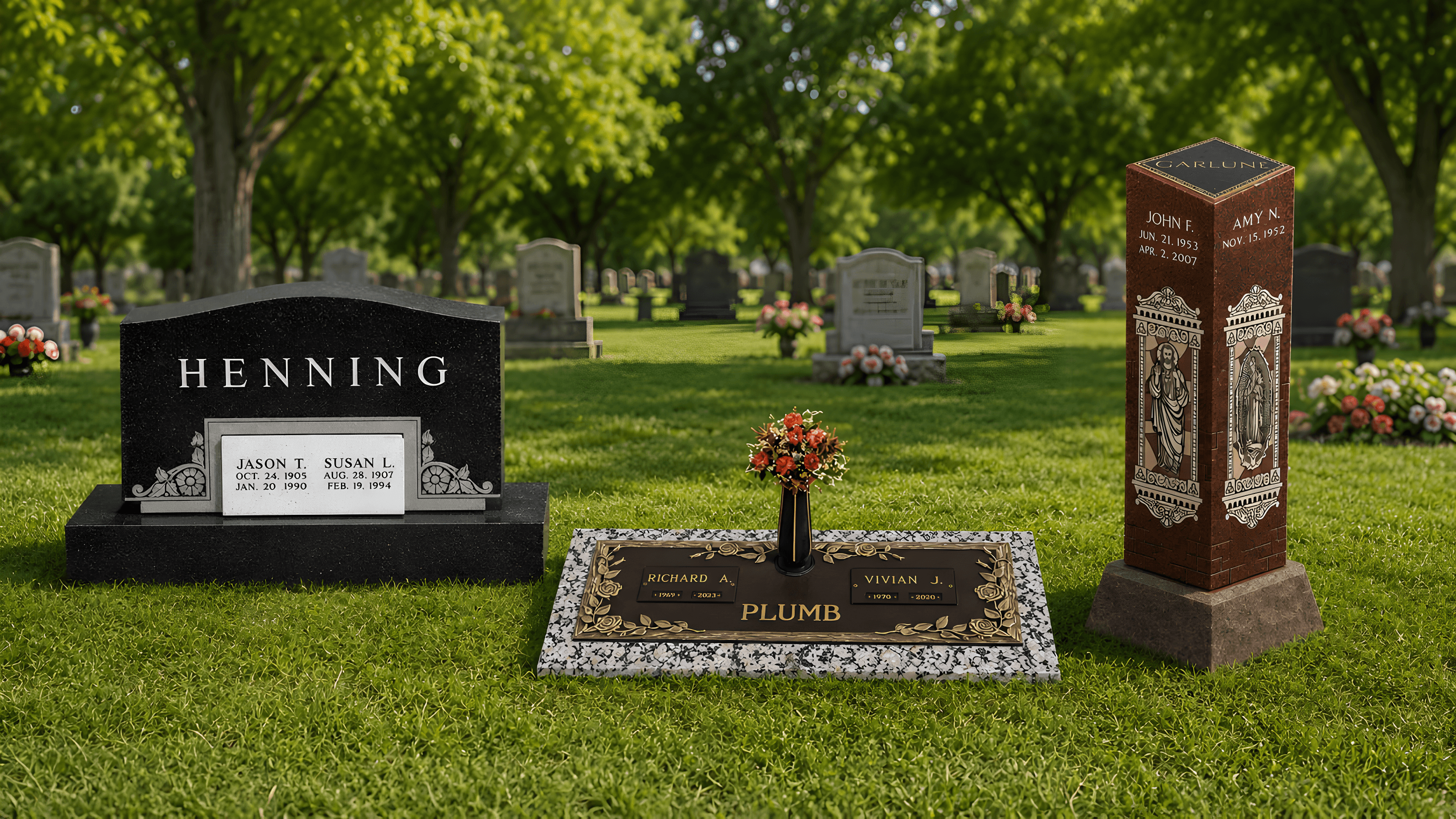 An upright cremation headstone, grave marker and cremation pillar in a cemetery field.