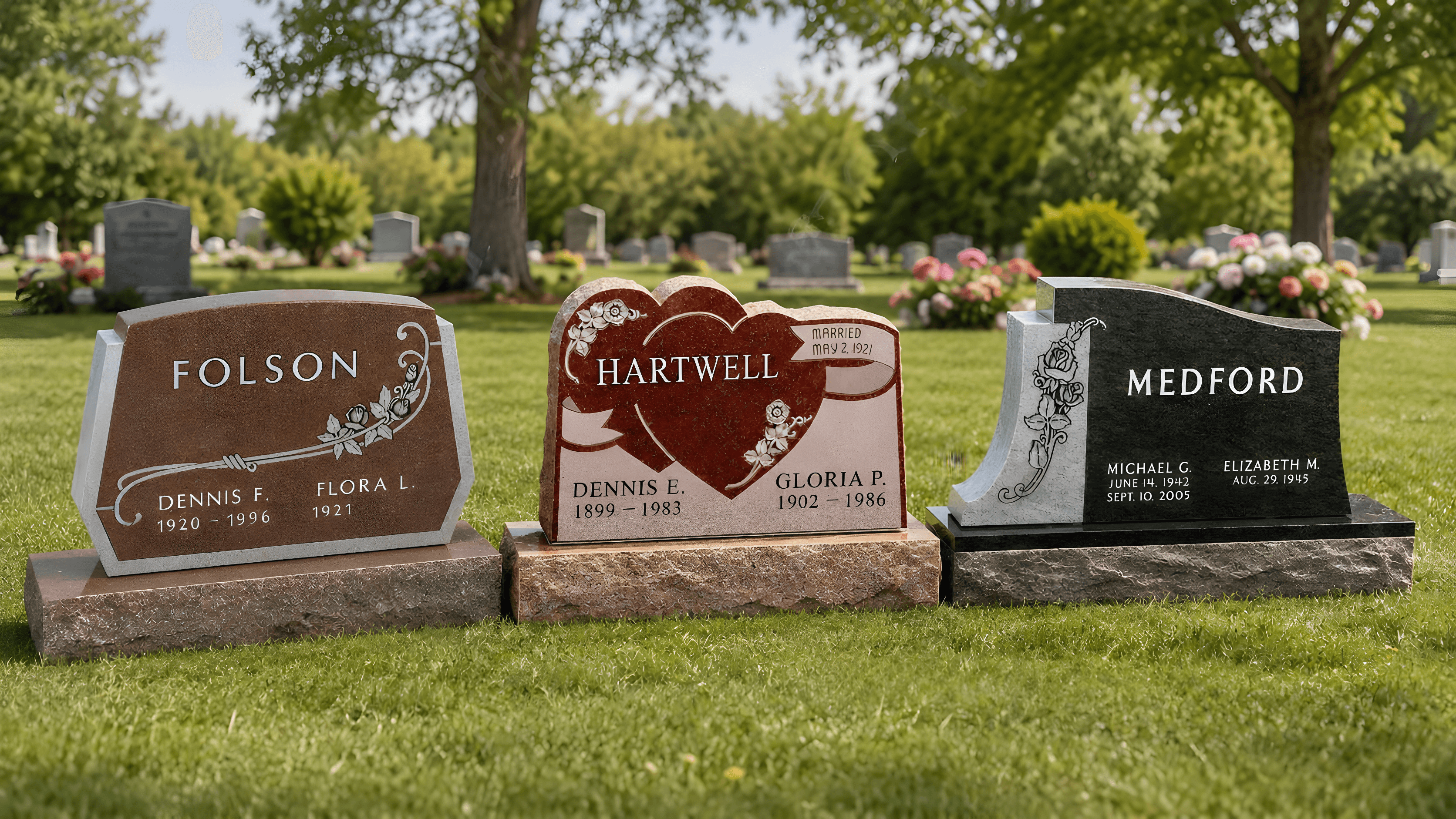 Three upright companion headstones in a cemetery on green grass in the middle of the day.