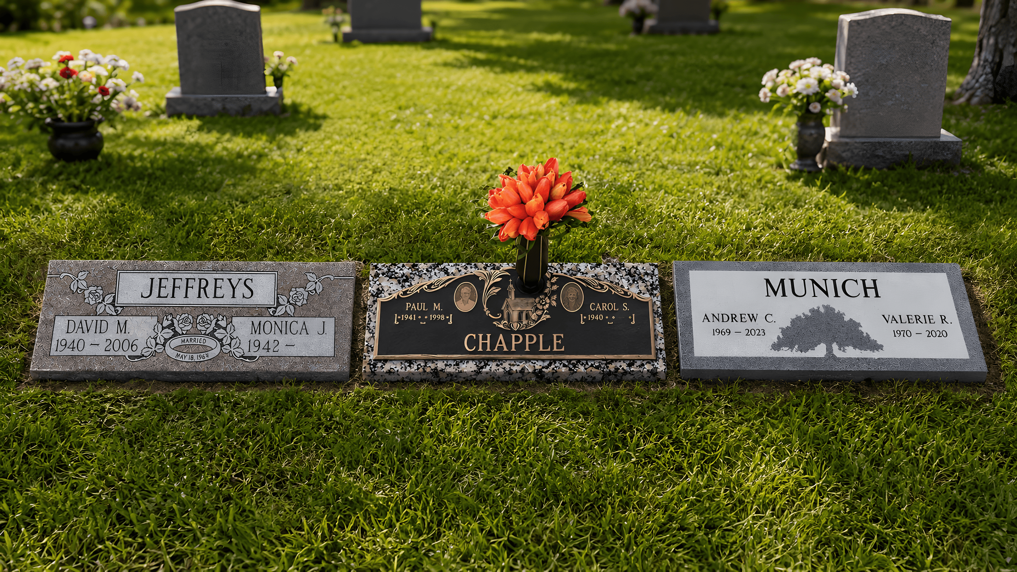 Three flat companion grave markers in granite and bronze in a cemetery mid-afternoon on a field of grass.