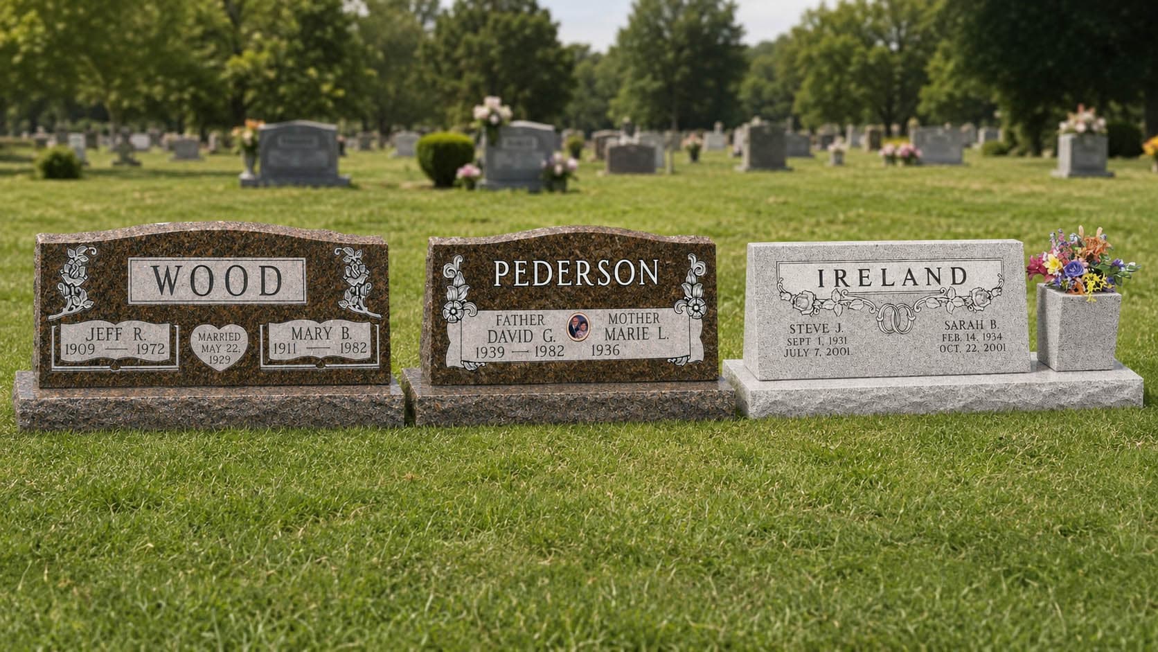 Three slant companion headstones in a cemetery field of green grass.