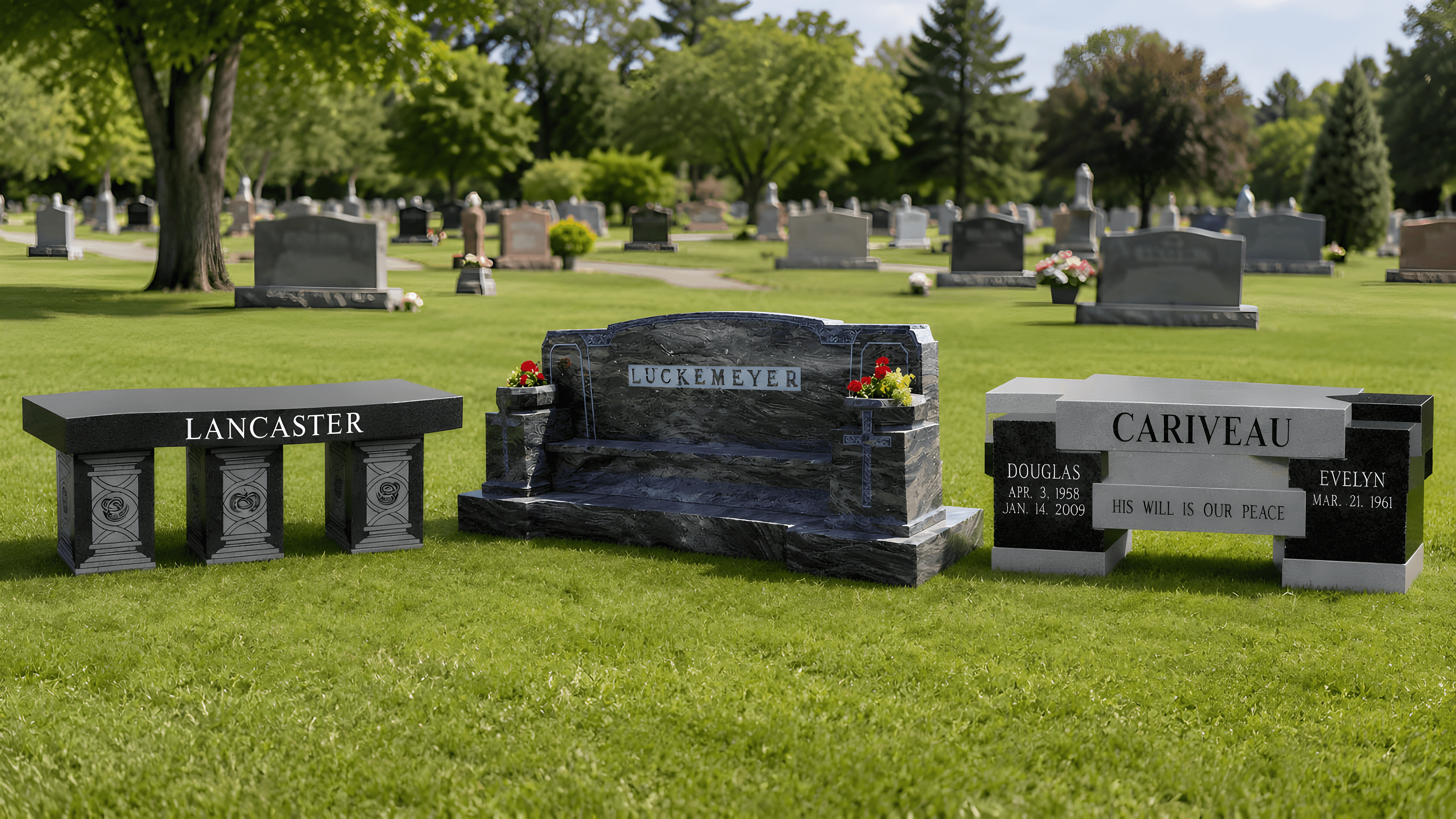 Three companion memorial benches in the cemetery grass on an afternoon day.