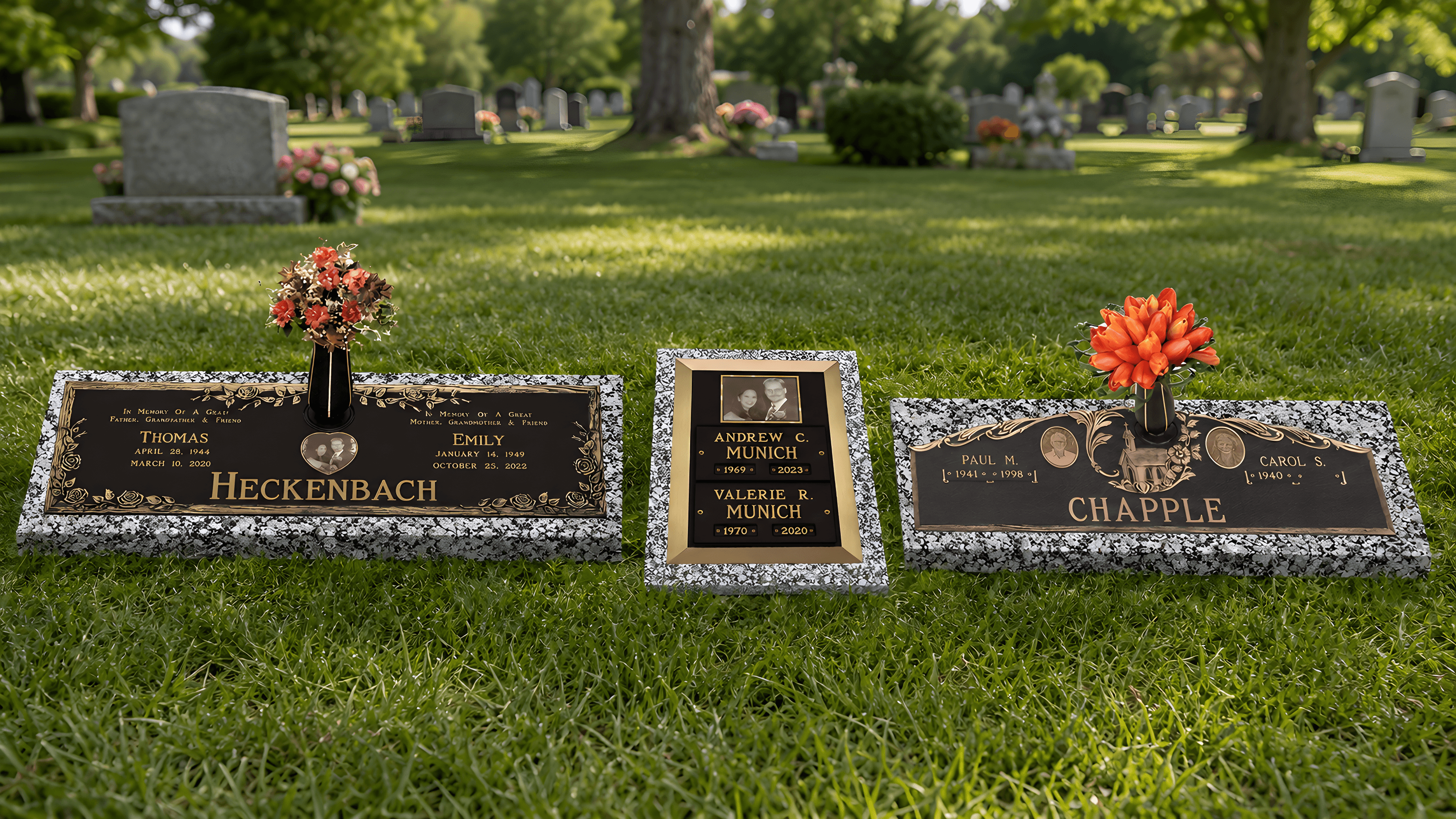 Three photo companion grave markers in a cemetery field of grass.