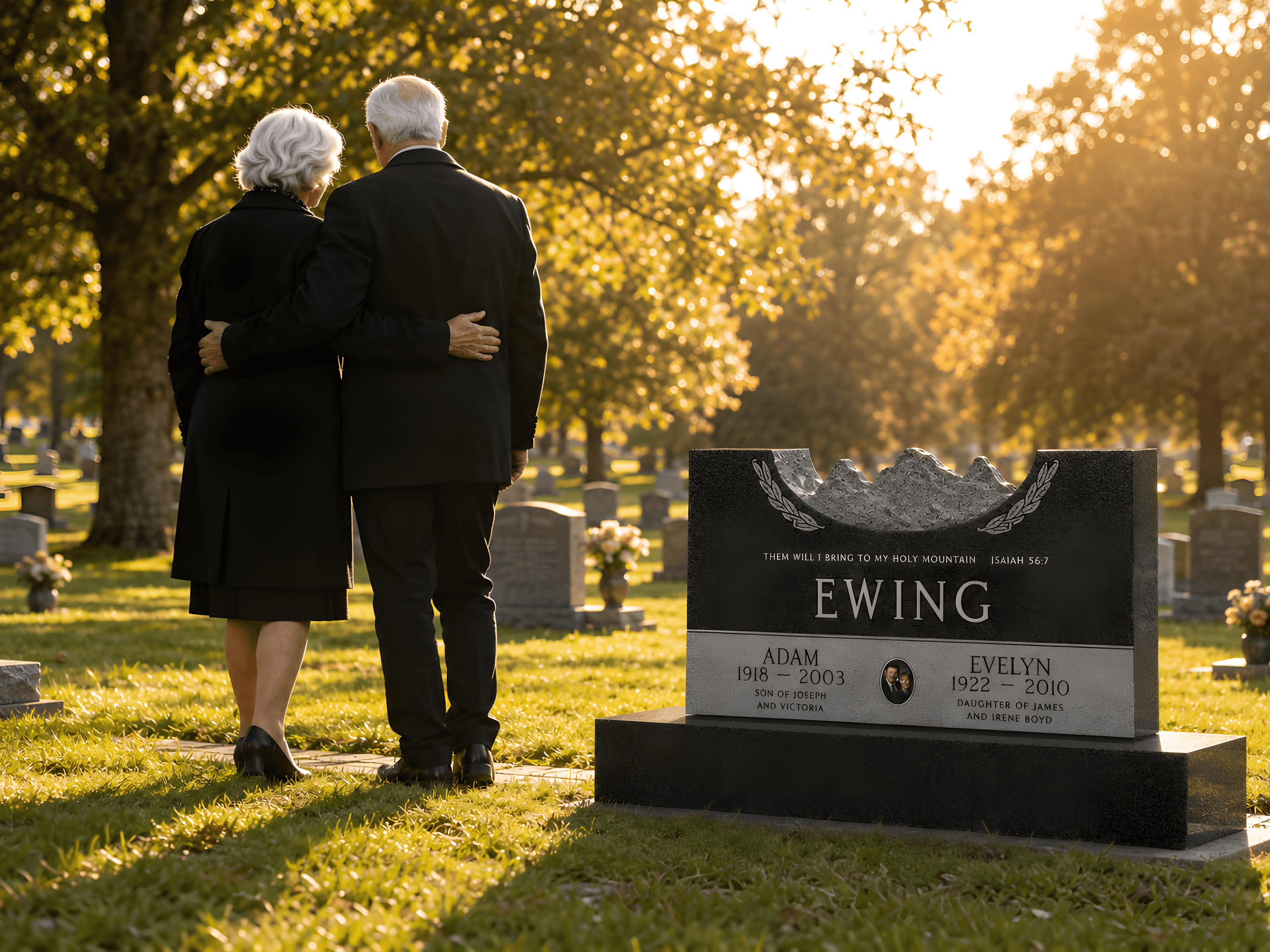 An older couple walking past an upright companion headstone on a late afternoon in a cemetery.