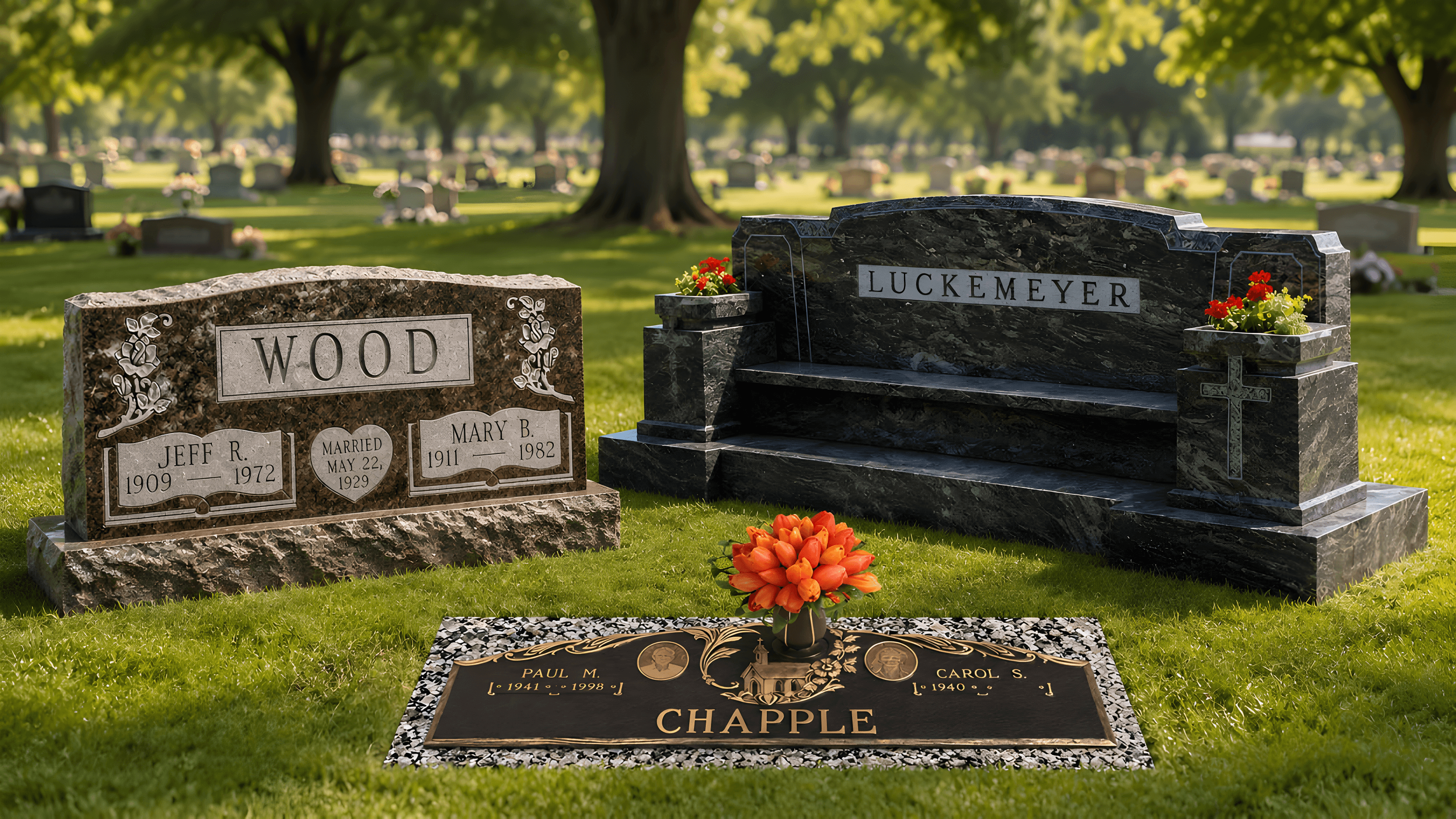 A companion headstone, grave marker and memorial bench in a cemetery grass field