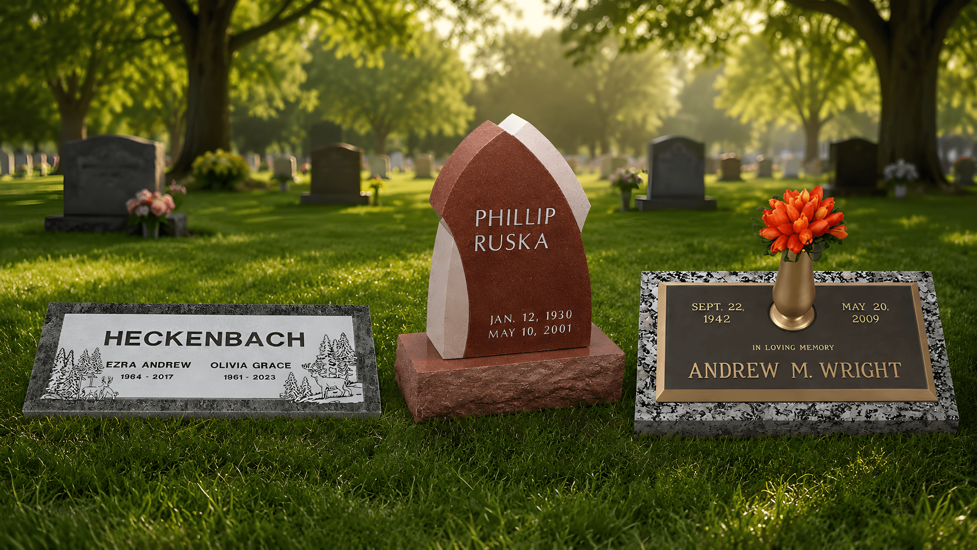 Granite and bronze flat grave marker and an upright headstone in the cemetery grass.