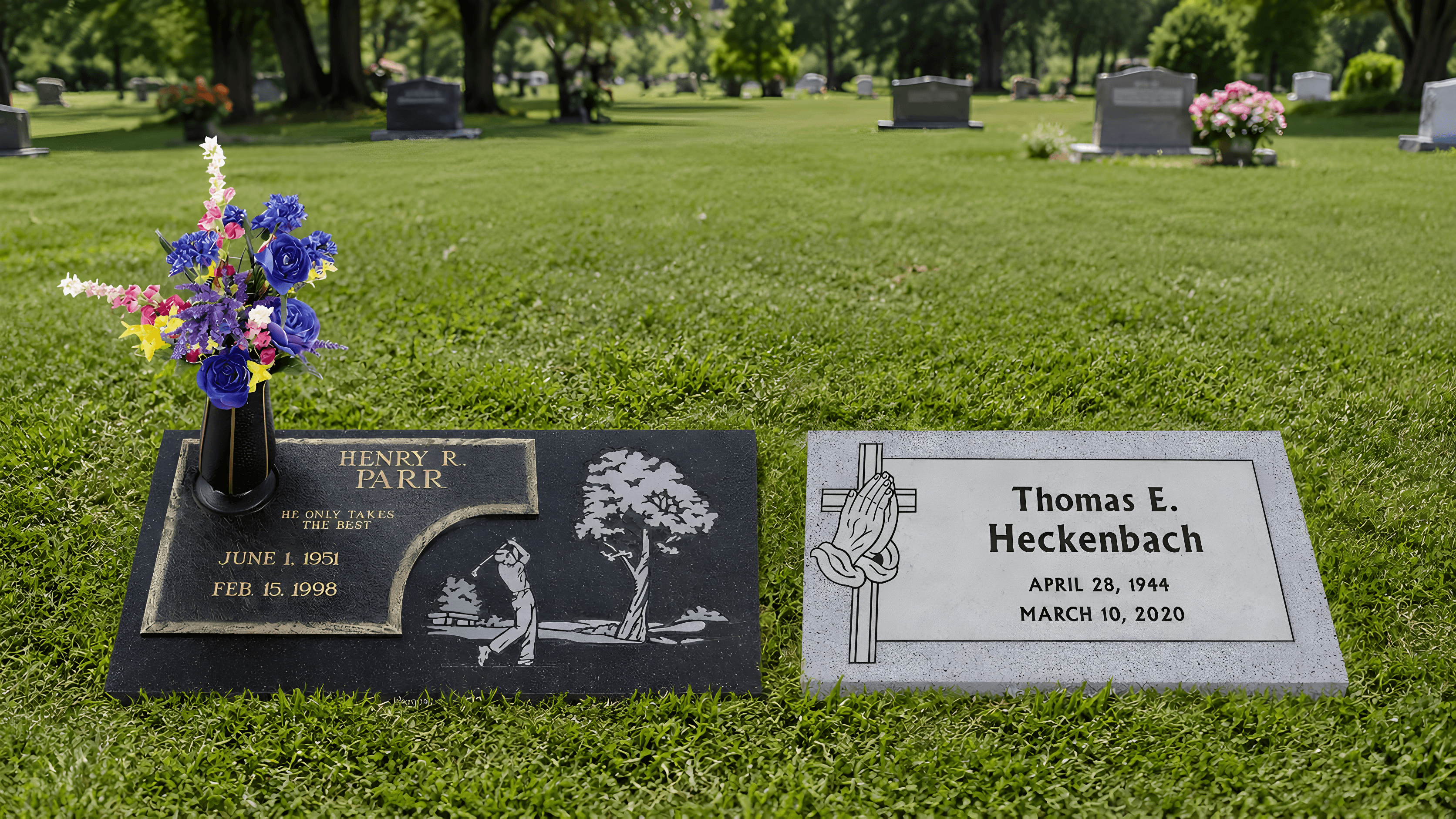 A bronze and granite flat grave marker in a cemetery grass field.
