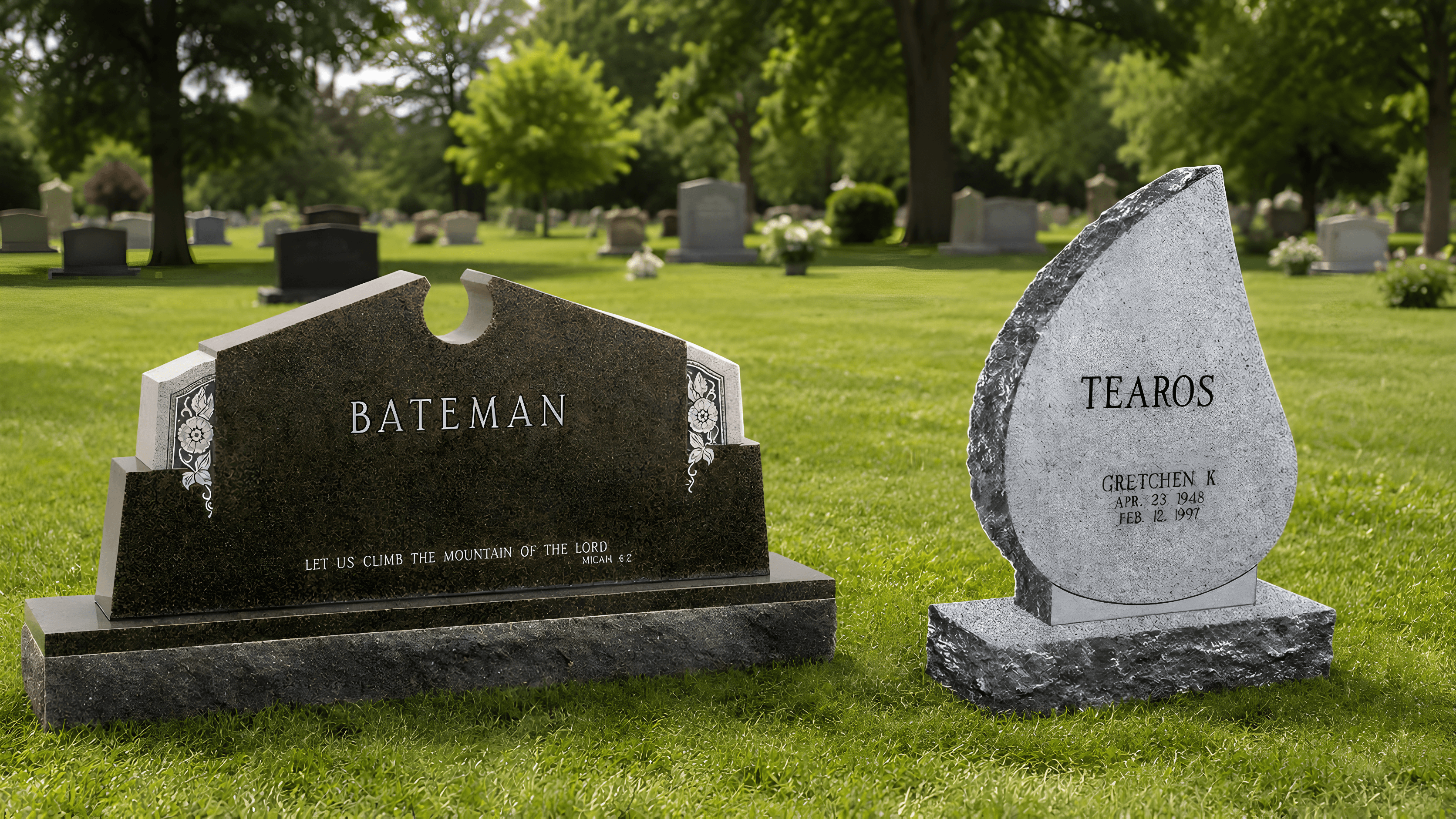 Two upright headstones in a cemetery grass field side-by-side.