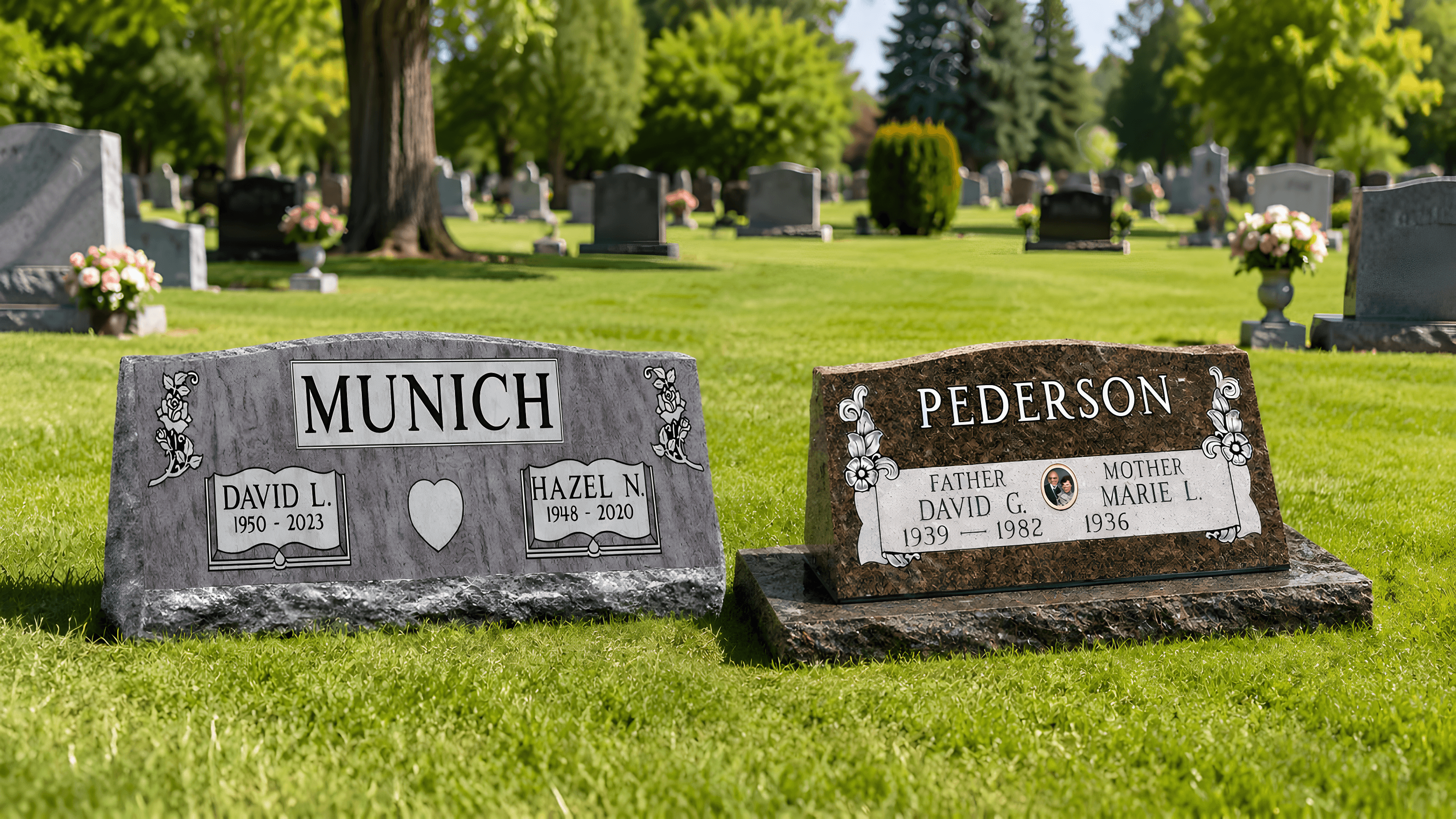 Two slant grave markers in a cemetery grass field.