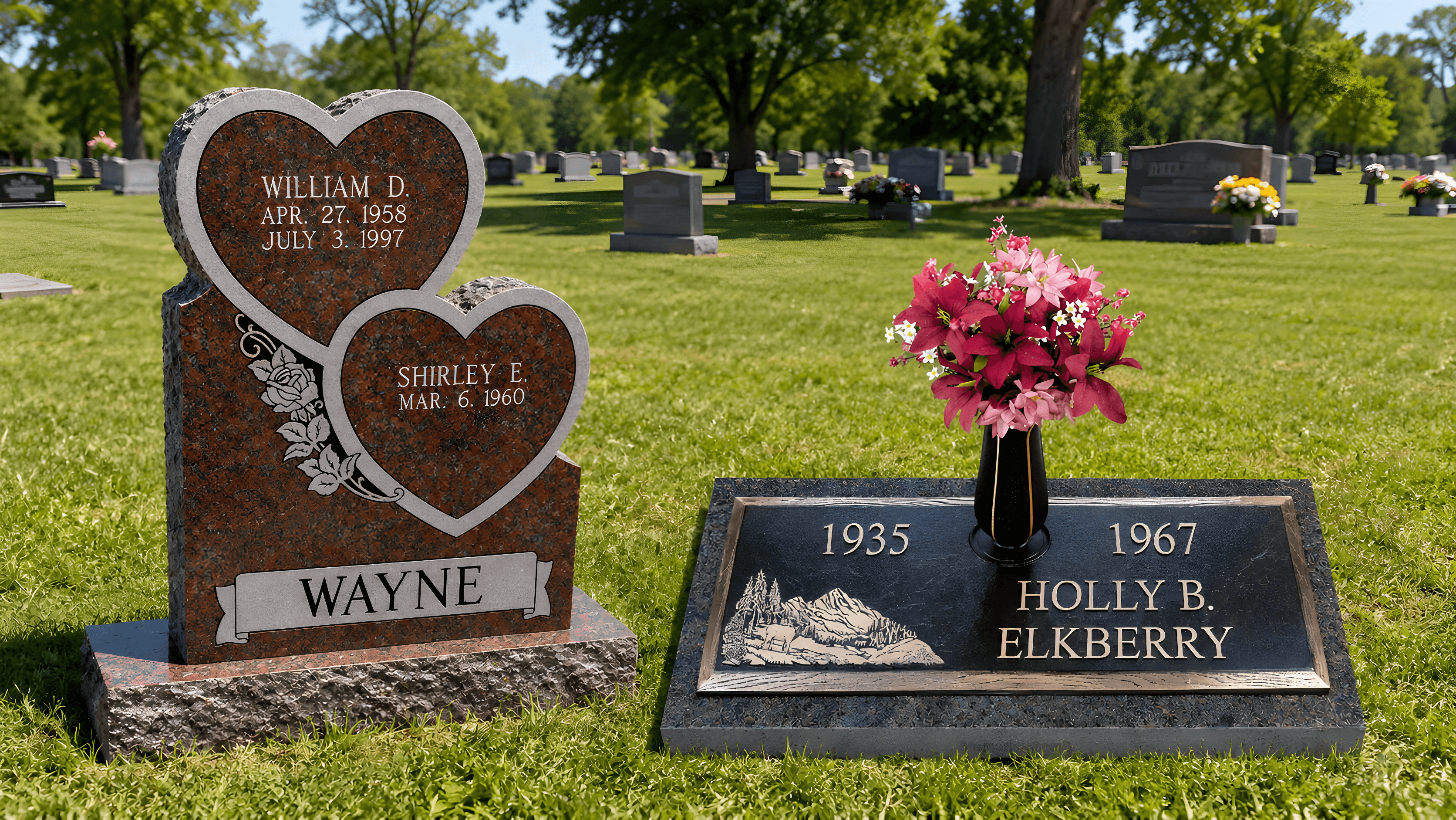 An upright headstone and a bronze grave marker sitting side-by-side in a cemetery.
