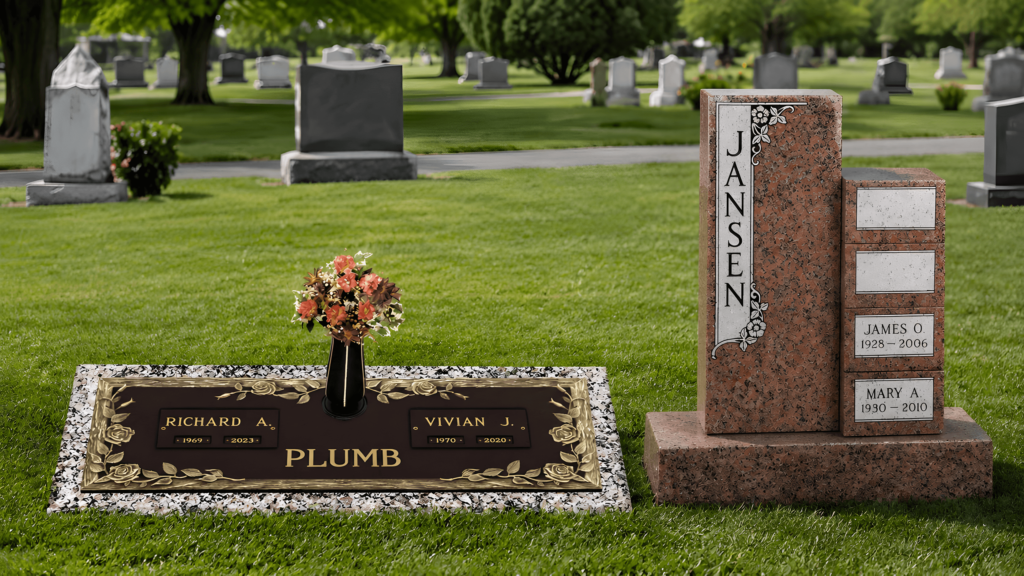 Flat cremation bronze grave marker and a cremation upright headstone sitting side-by-side in a cemetery.