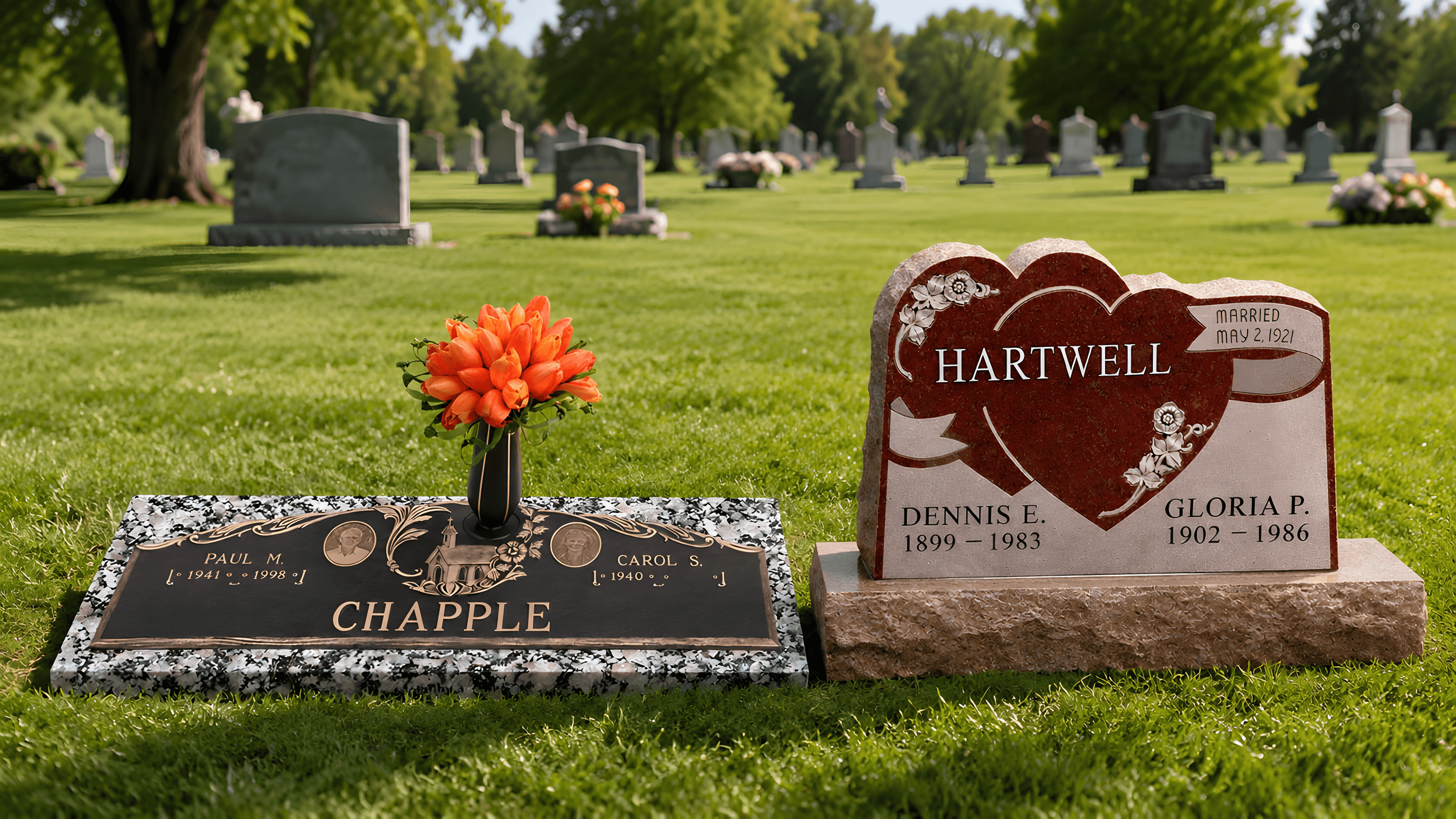 Companion bronze grave marker and a companion upright headstone sitting side-by-side in a cemetery.