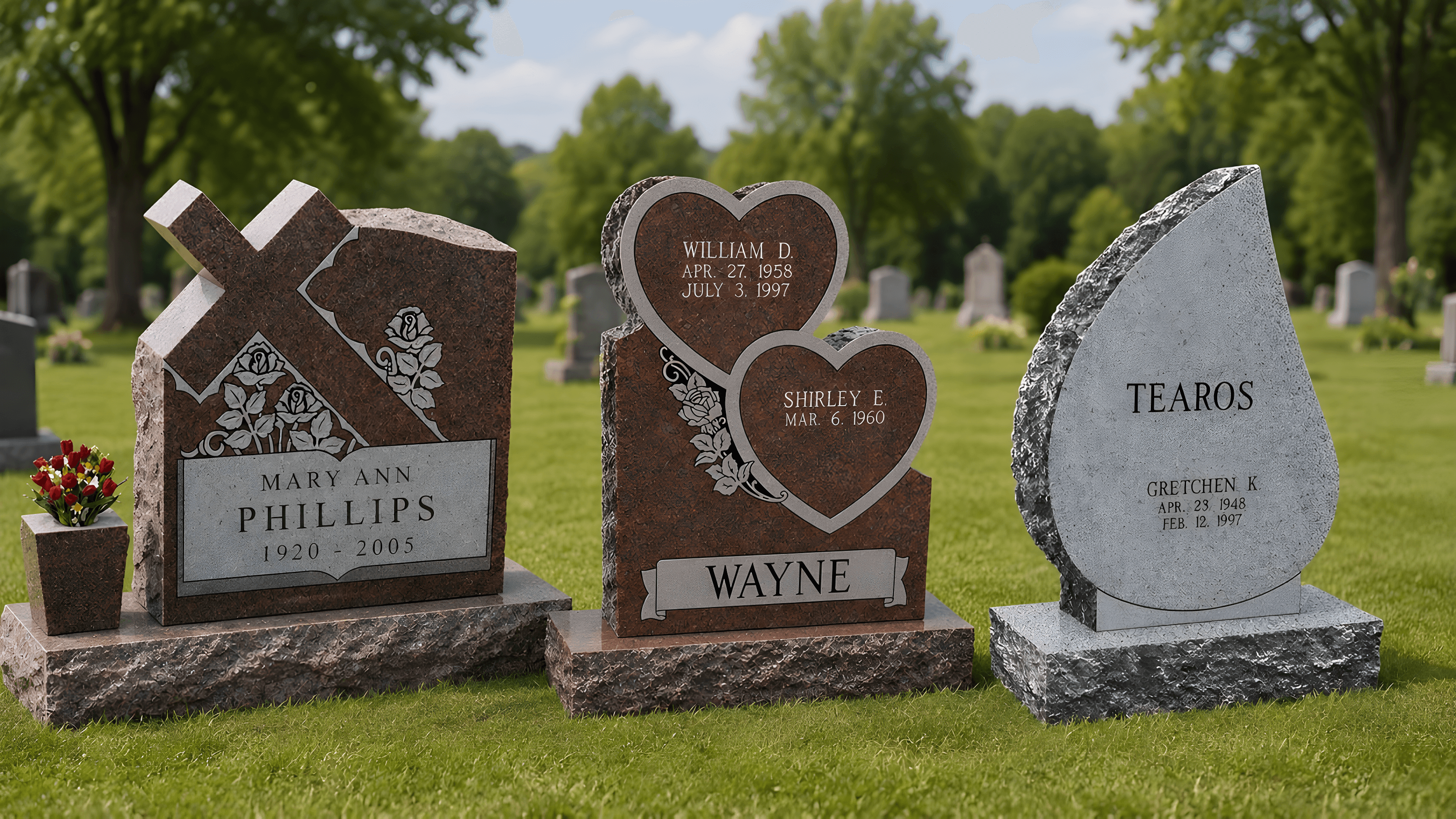 Three upright headstones in different shapes in a cemetery grass field at mid-day.