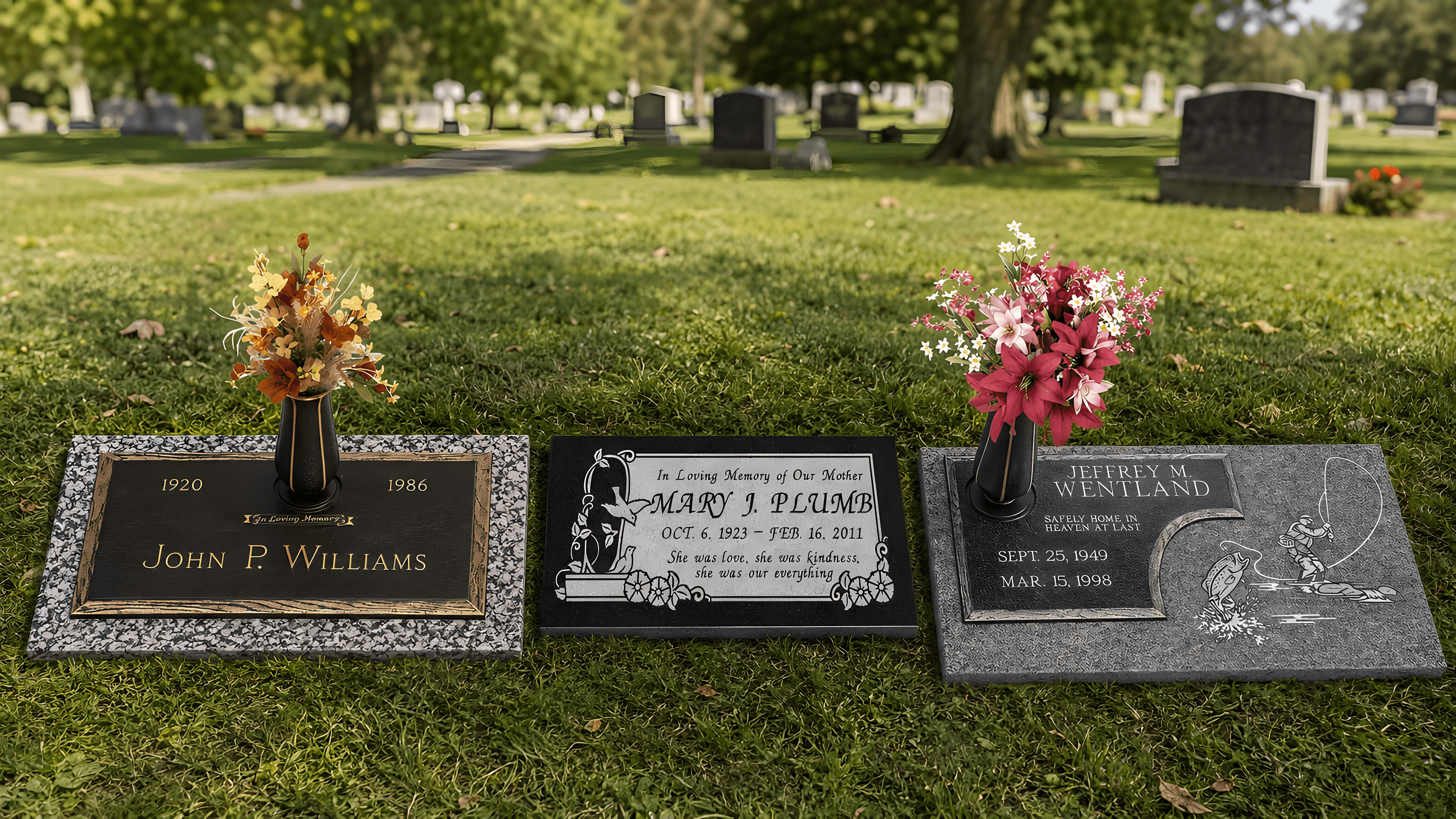 Three flat grave markers lying side-by-side in the cemetery grass.