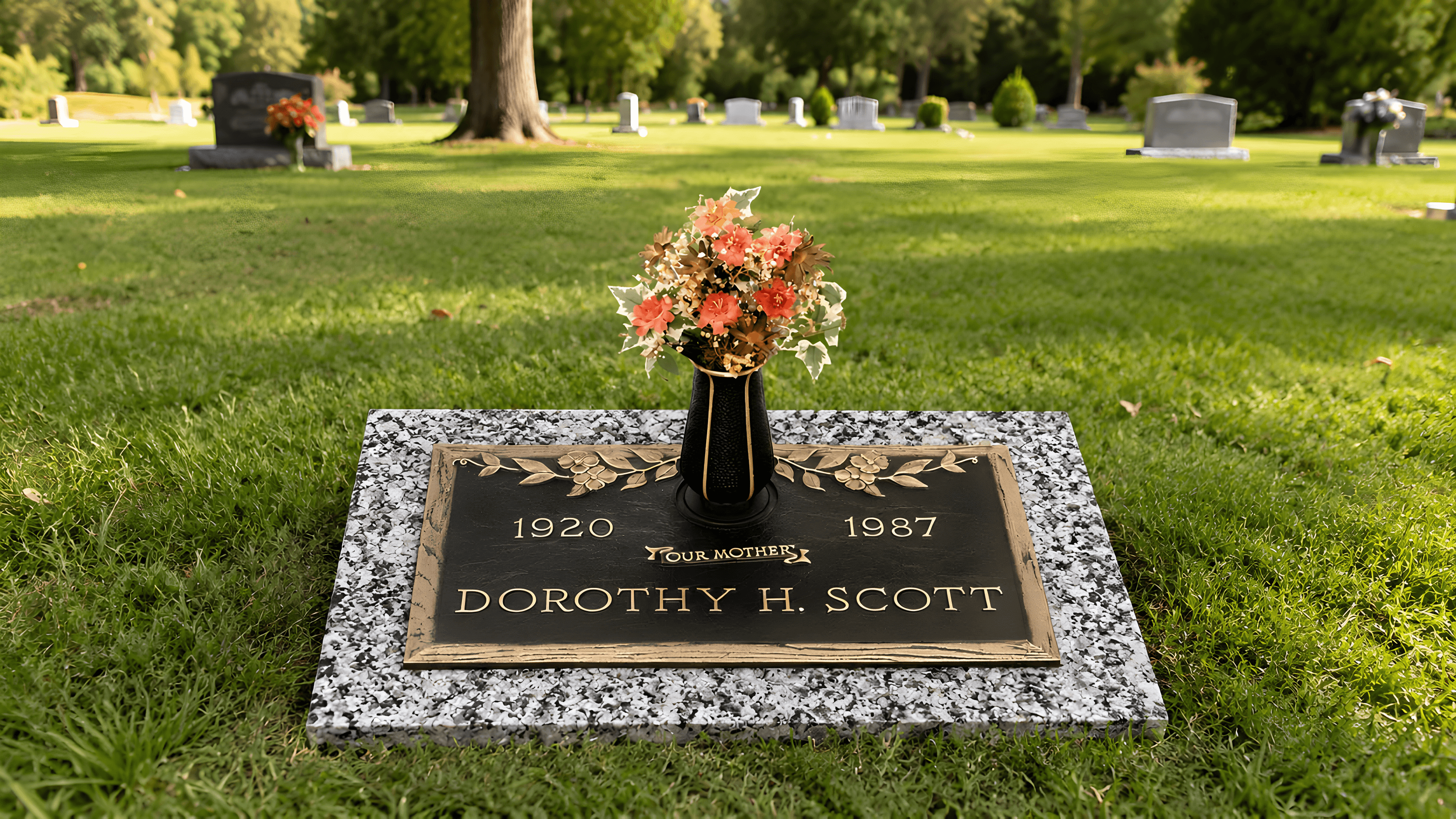 Bronze grave marker sitting in the cemetery grass.