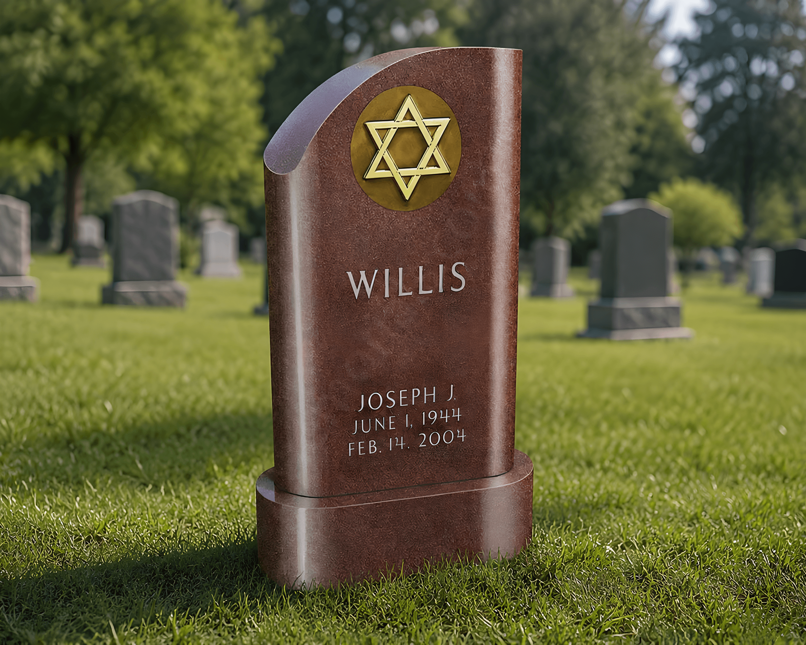 An upright headstone in the cemetery grass.