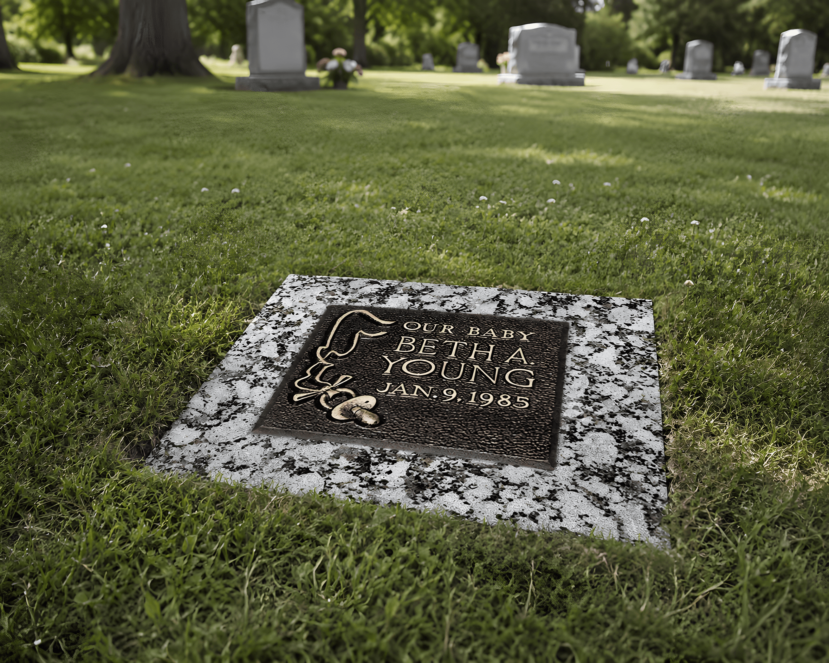 A bronze infant grave marker in a cemetery field.