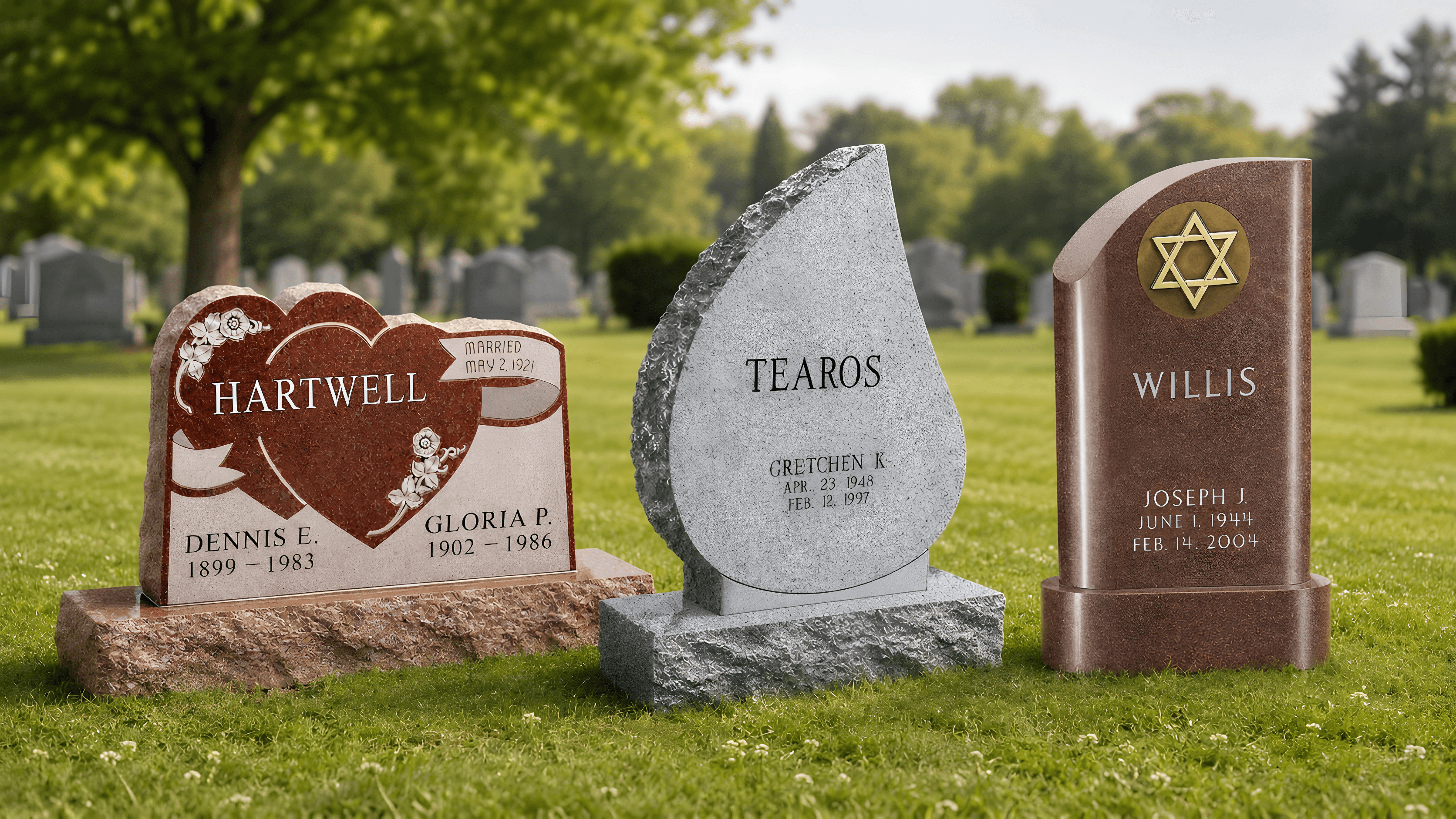 Three upright headstones in a heart, tear drop and Star of David shape.