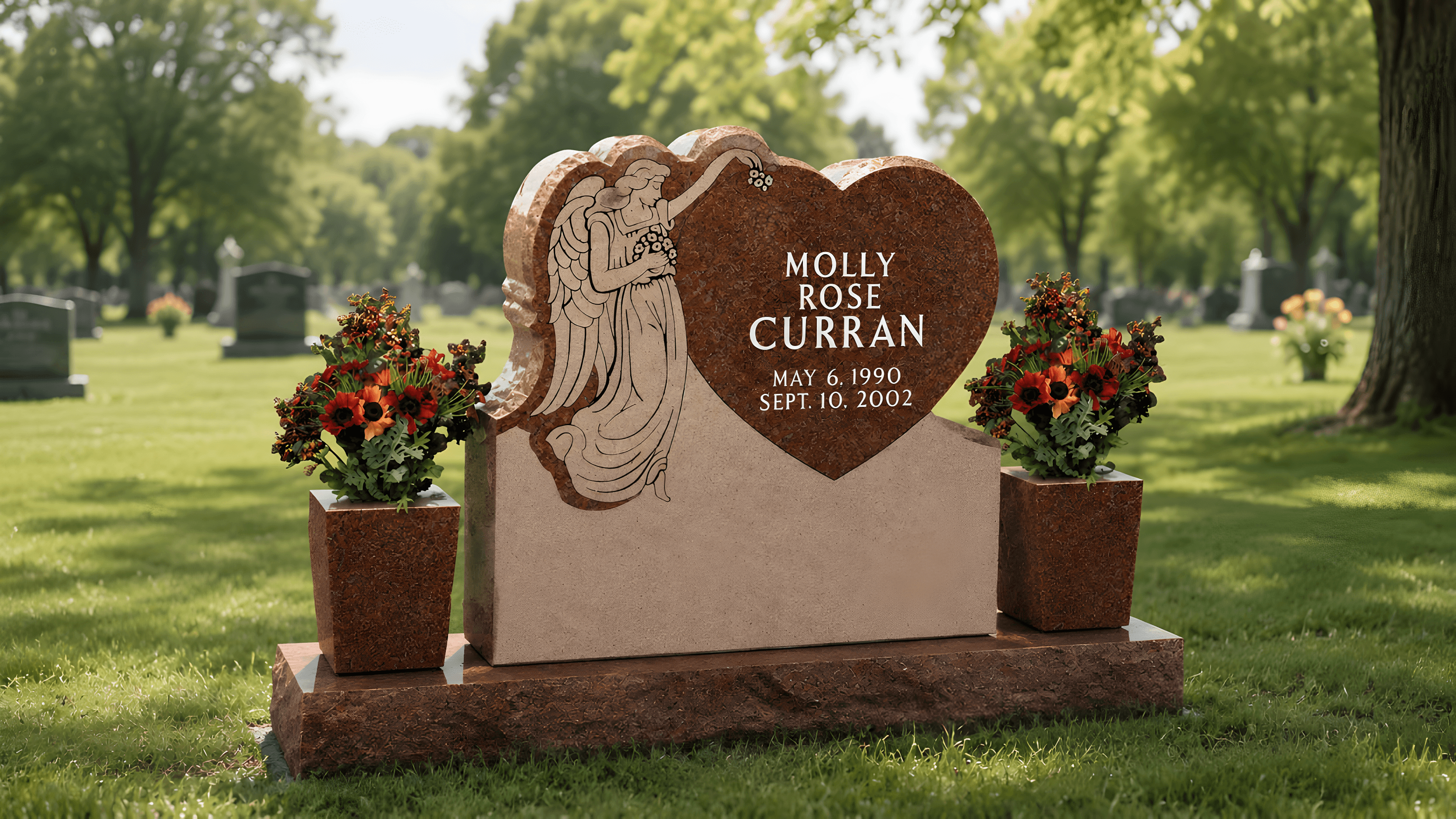 An upright heart headstone in a cemetery field.