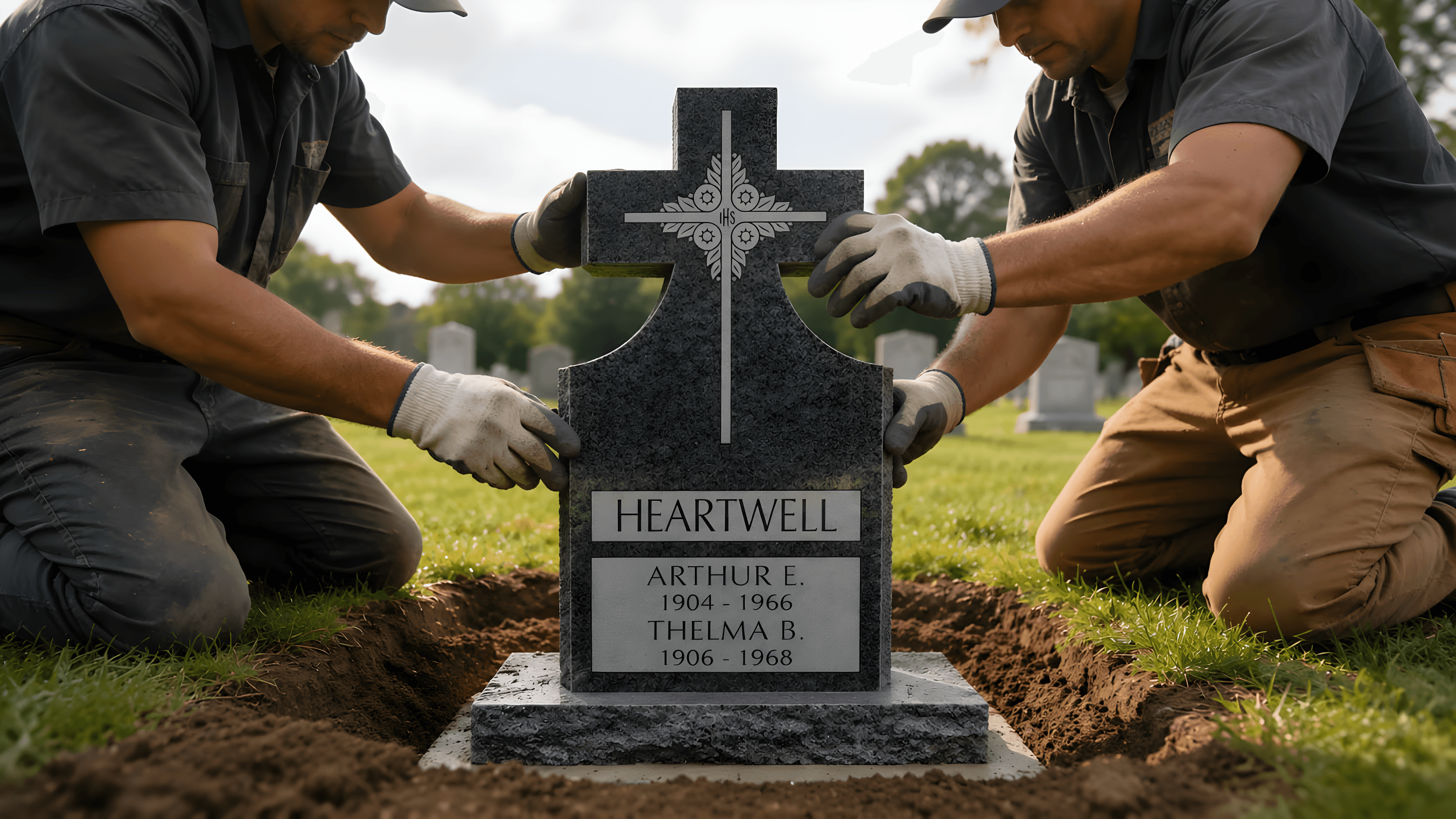 Cemetery workers carefully setting a cross upright headstone onto a fresh concrete foundation at a cemetery gravesite