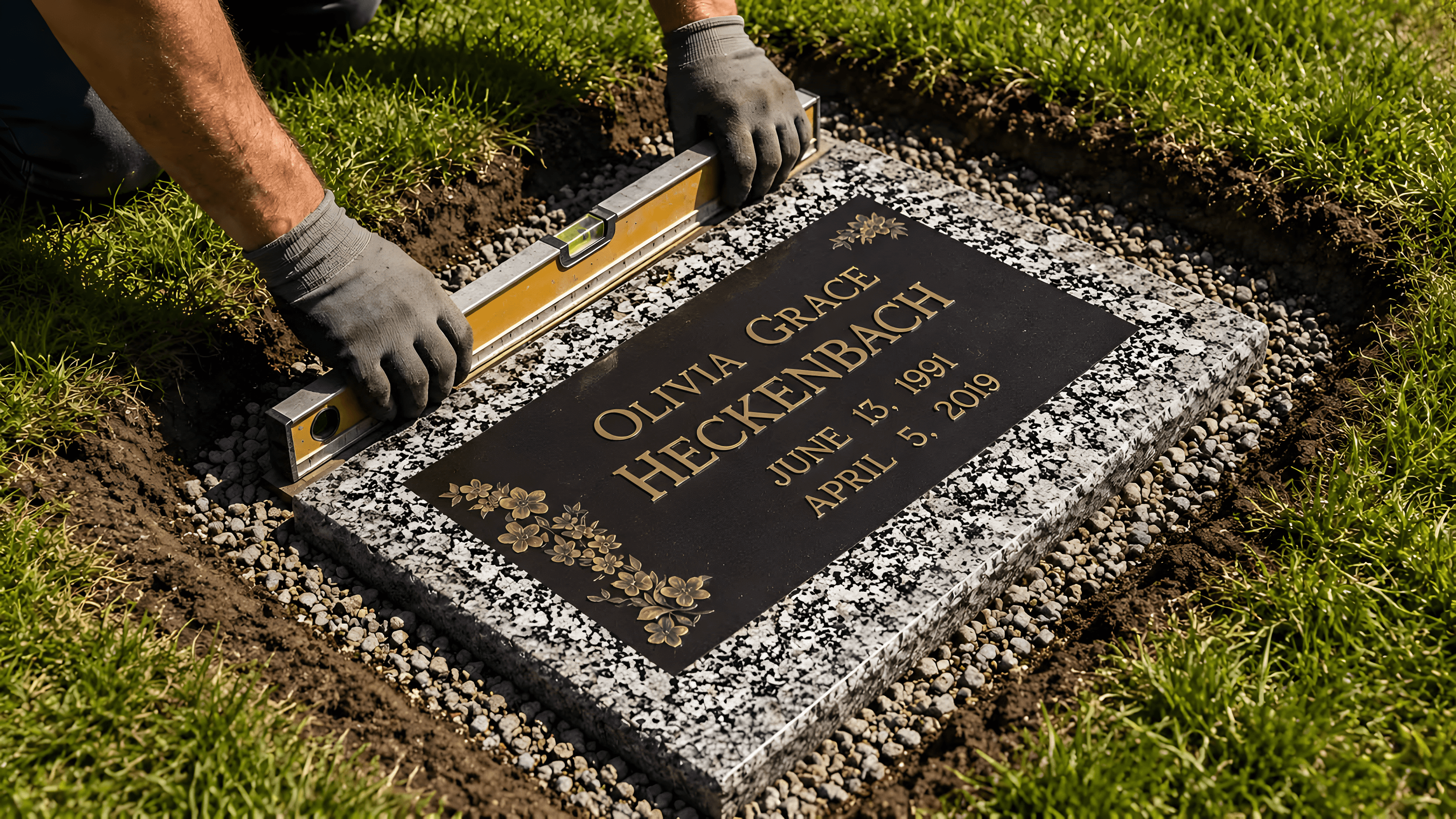 A cemetery worked installs a bronze grave marker.